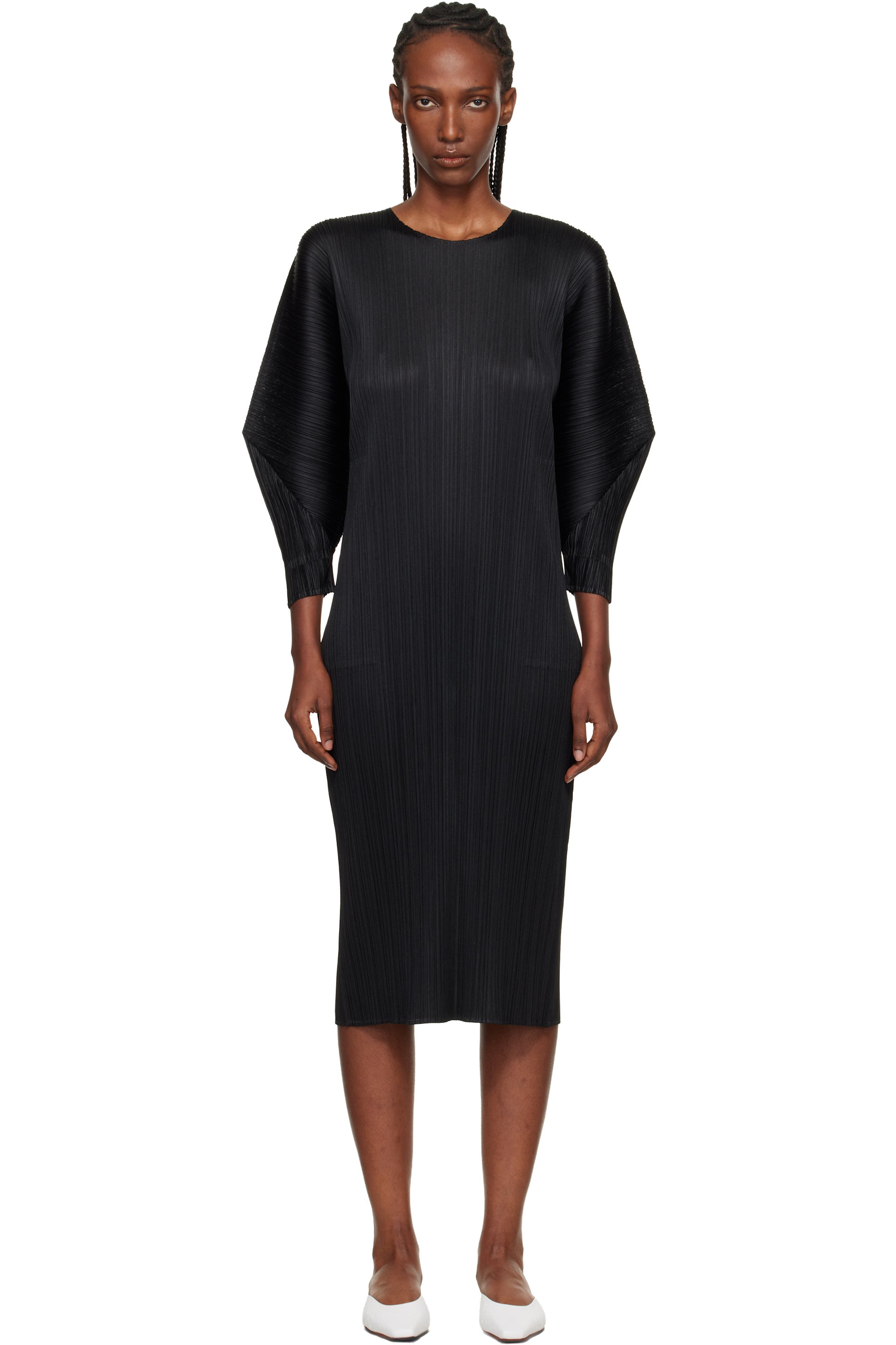 PLEATS PLEASE ISSEY MIYAKE: Black Skyline Midi Dress | SSENSE
