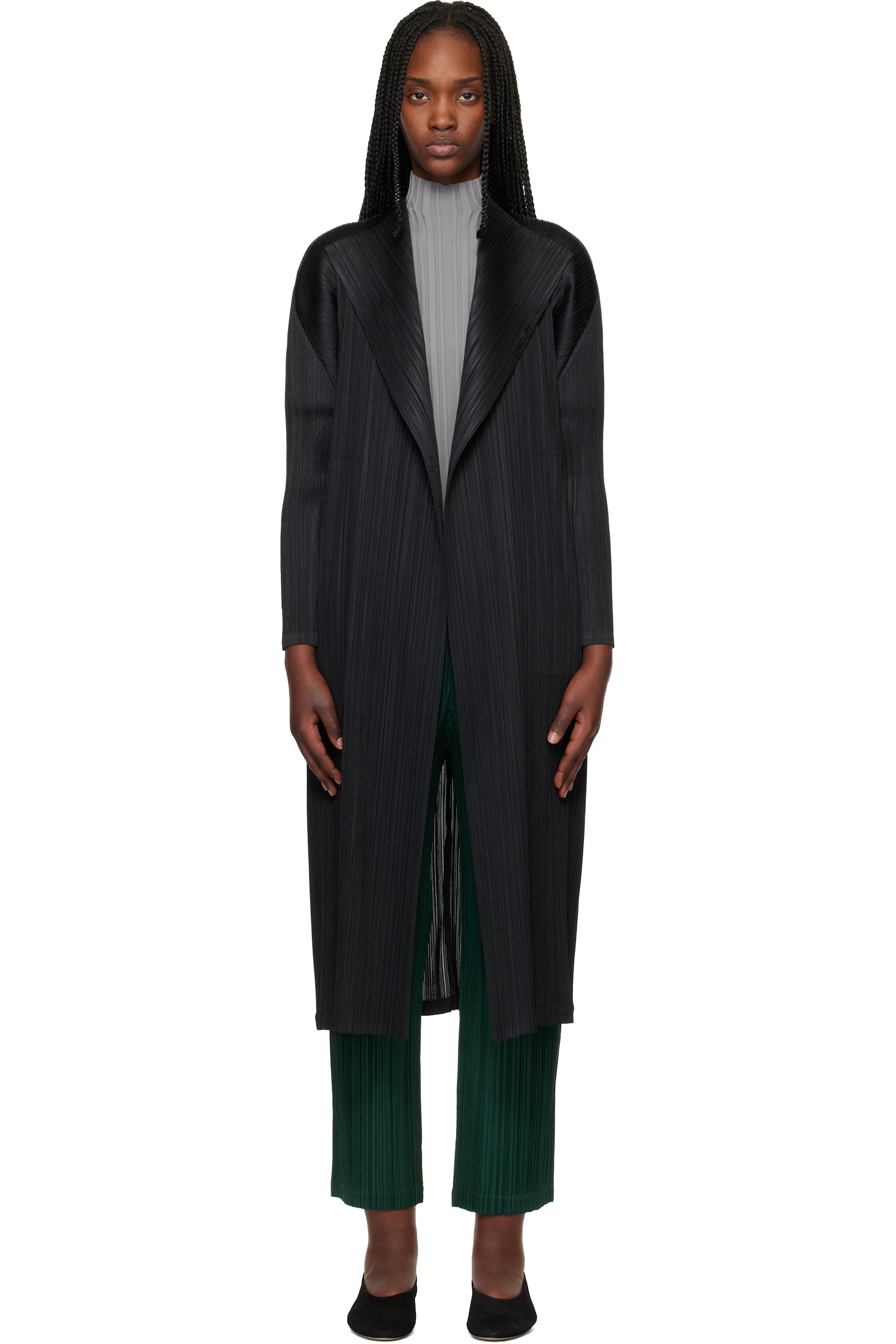 PLEATS PLEASE ISSEY MIYAKE: Black Facade Coat | SSENSE