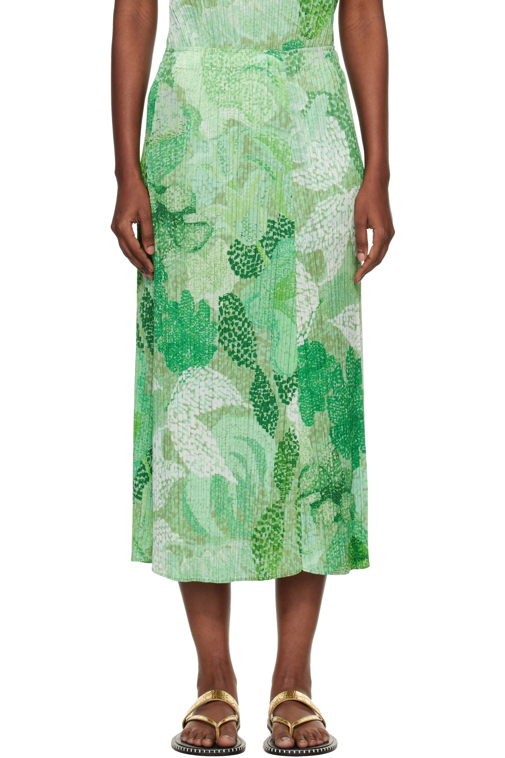 めいよ① PLEATS PLEASE ISSEY MIYAKE: Green Foggy Forest Midi Skirt | SSENSE