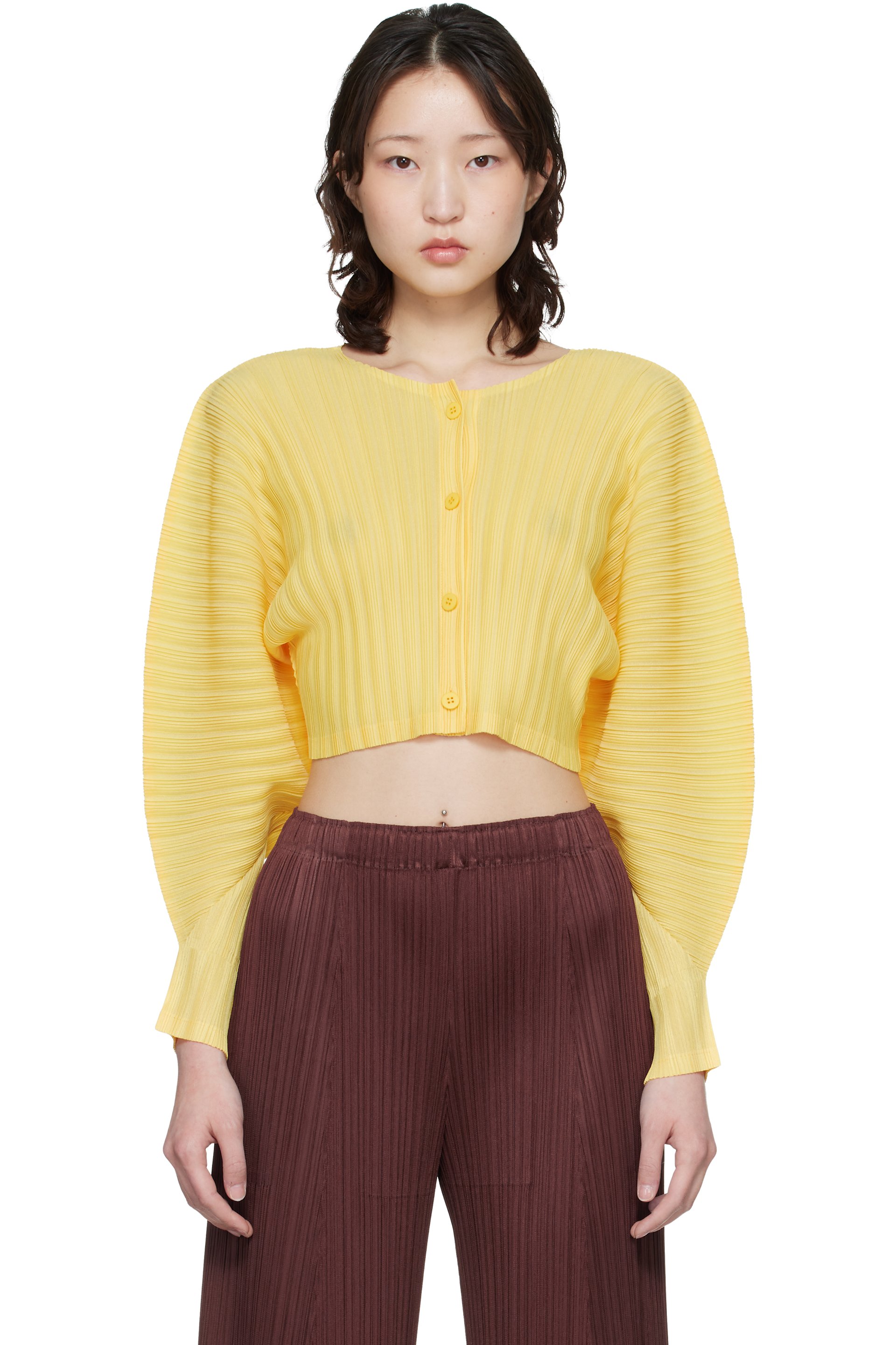 PLEATS PLEASE ISSEY MIYAKE - Cardigan January jaune en tricot à plissures