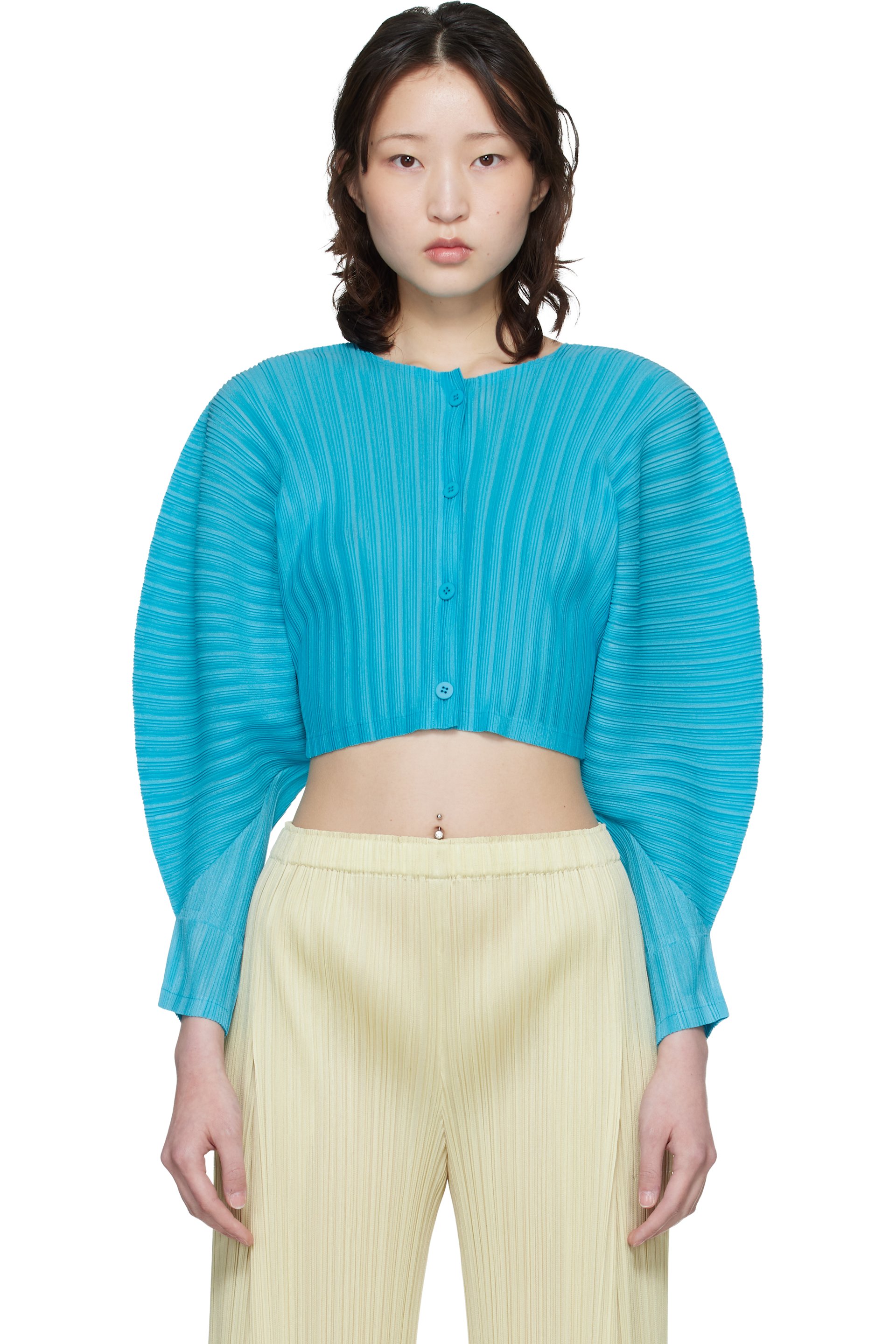 PLEATS PLEASE ISSEY MIYAKE - Cardigan January bleu en tricot à plissures