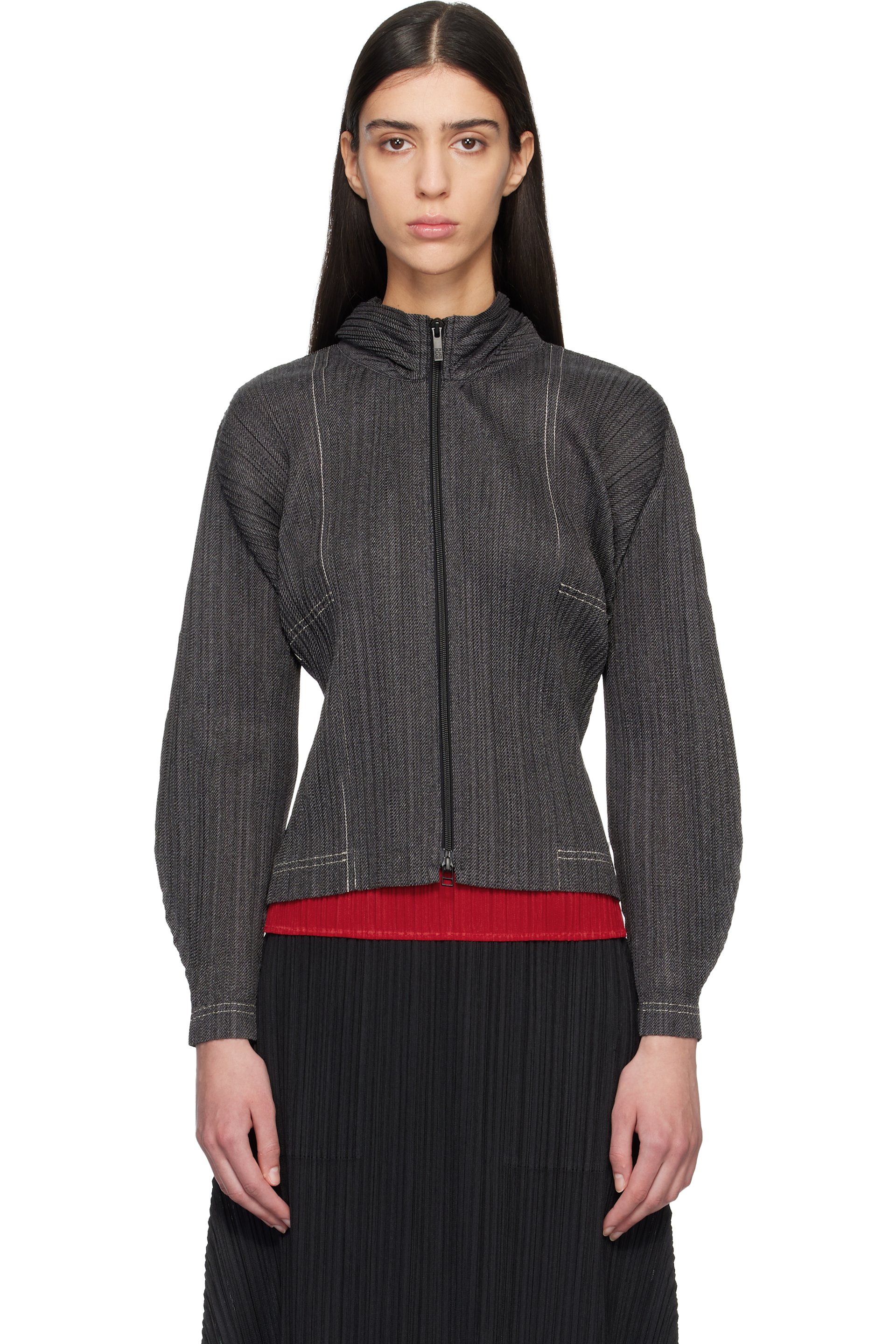 PLEATS PLEASE ISSEY MIYAKE - Pull à capuche noir en denim de coton