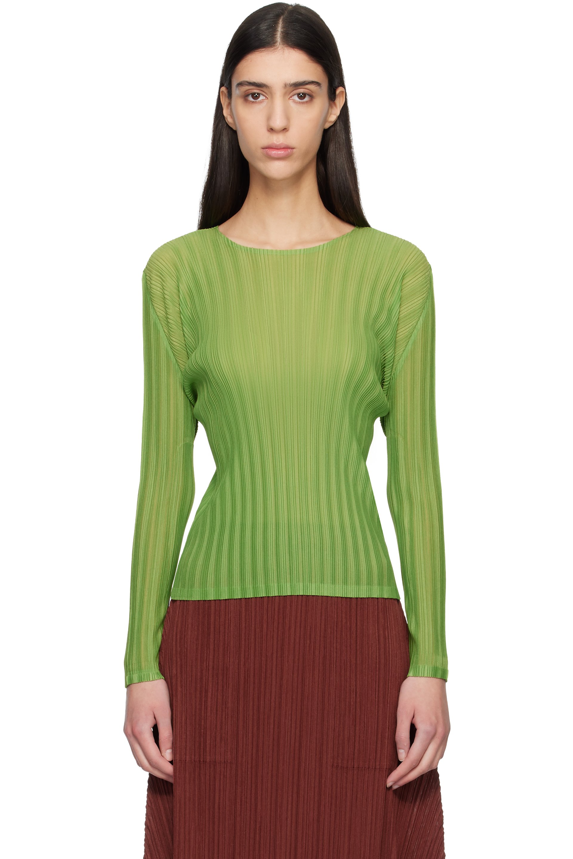 PLEATS PLEASE ハイネックトップRIB NOVEMBER サイズ３ PLEATS PLEASE ISSEY MIYAKE: Green Rib Pleats November Top | SSENSE