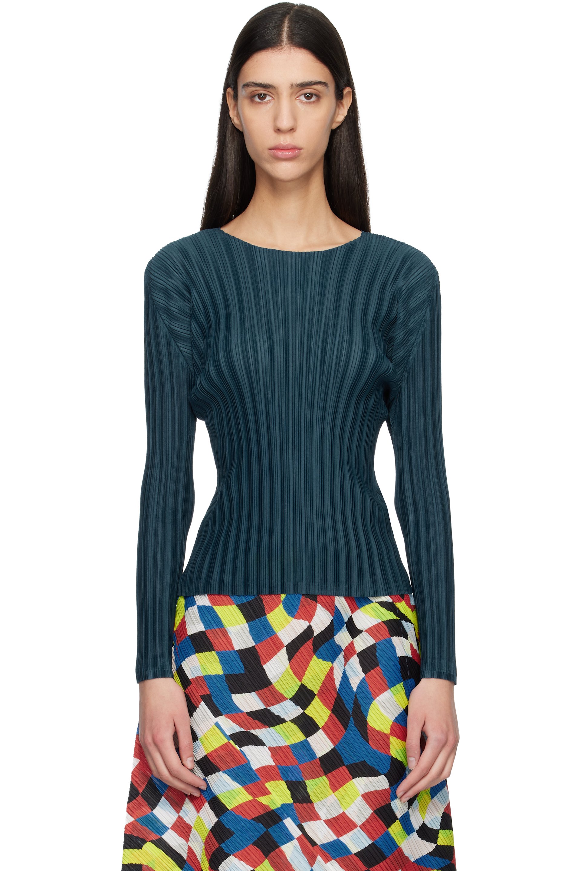 PLEATS PLEASE ISSEY MIYAKE - Haut November bleu marine en tricot côtelé à plissures