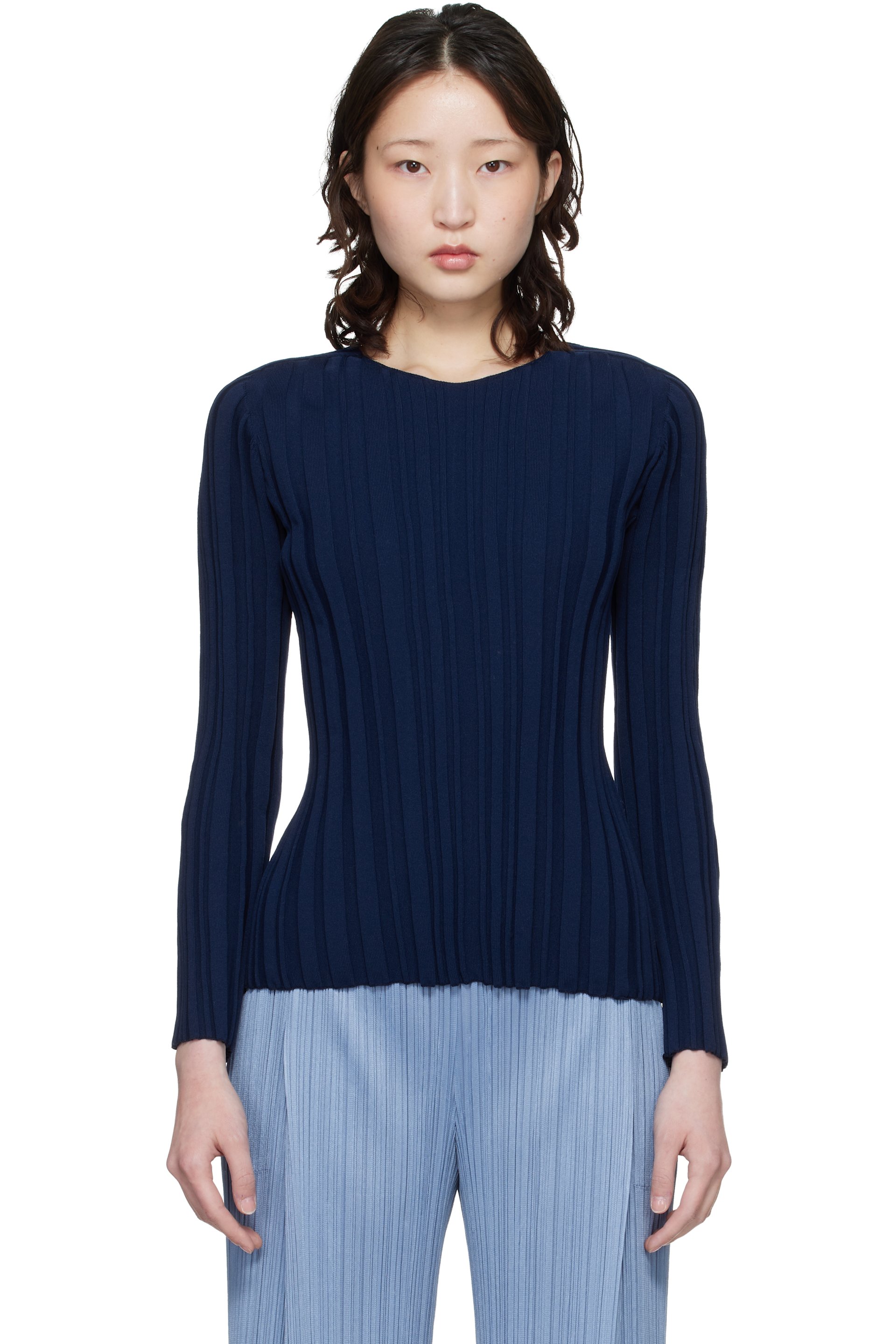 PLEATS PLEASE ISSEY MIYAKE - Haut bleu marine en tricot côtelé