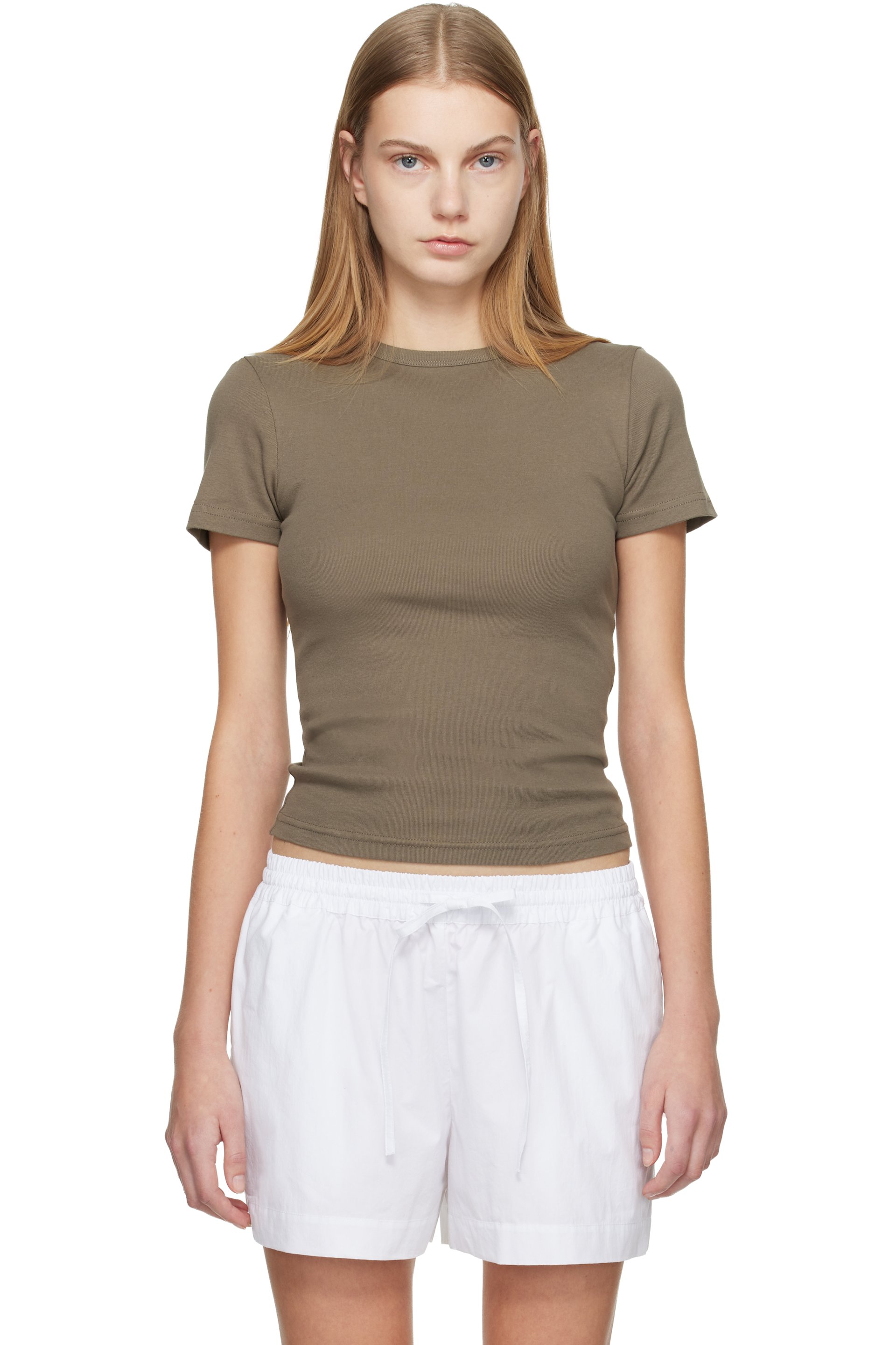 Matteau - Micro t-shirt taupe à col en tricot côtelé