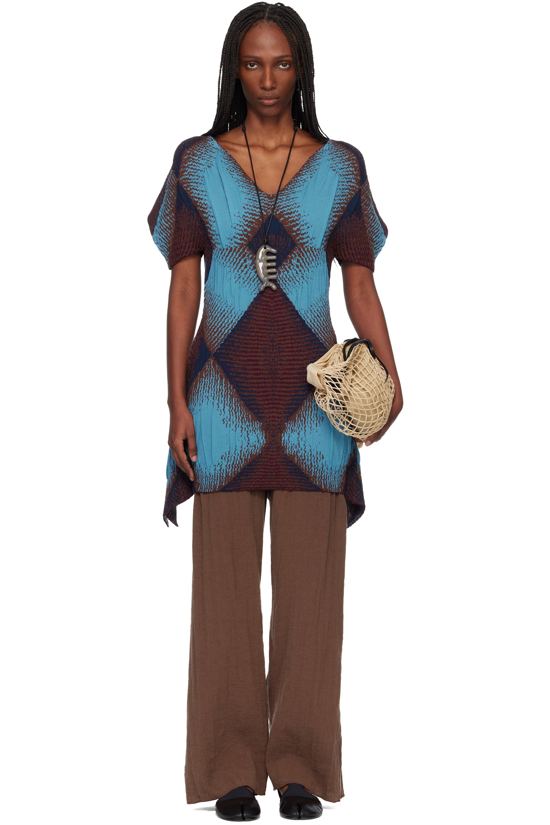 Kiko Kostadinov - Robe courte brun et bleu à motif argyle en jacquard à teinture ikat