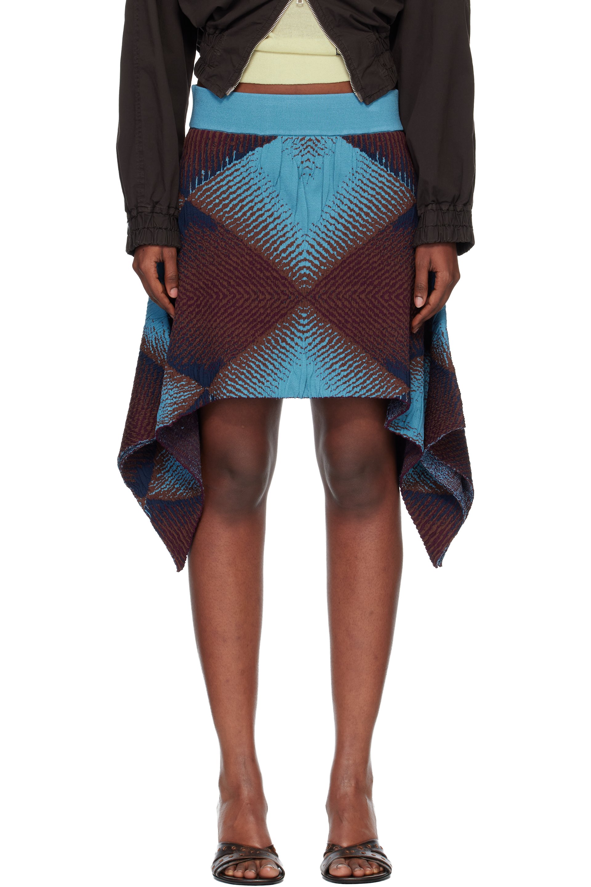 Kiko Kostadinov - Minijupe brun et bleu à motif graphique en jacquard
