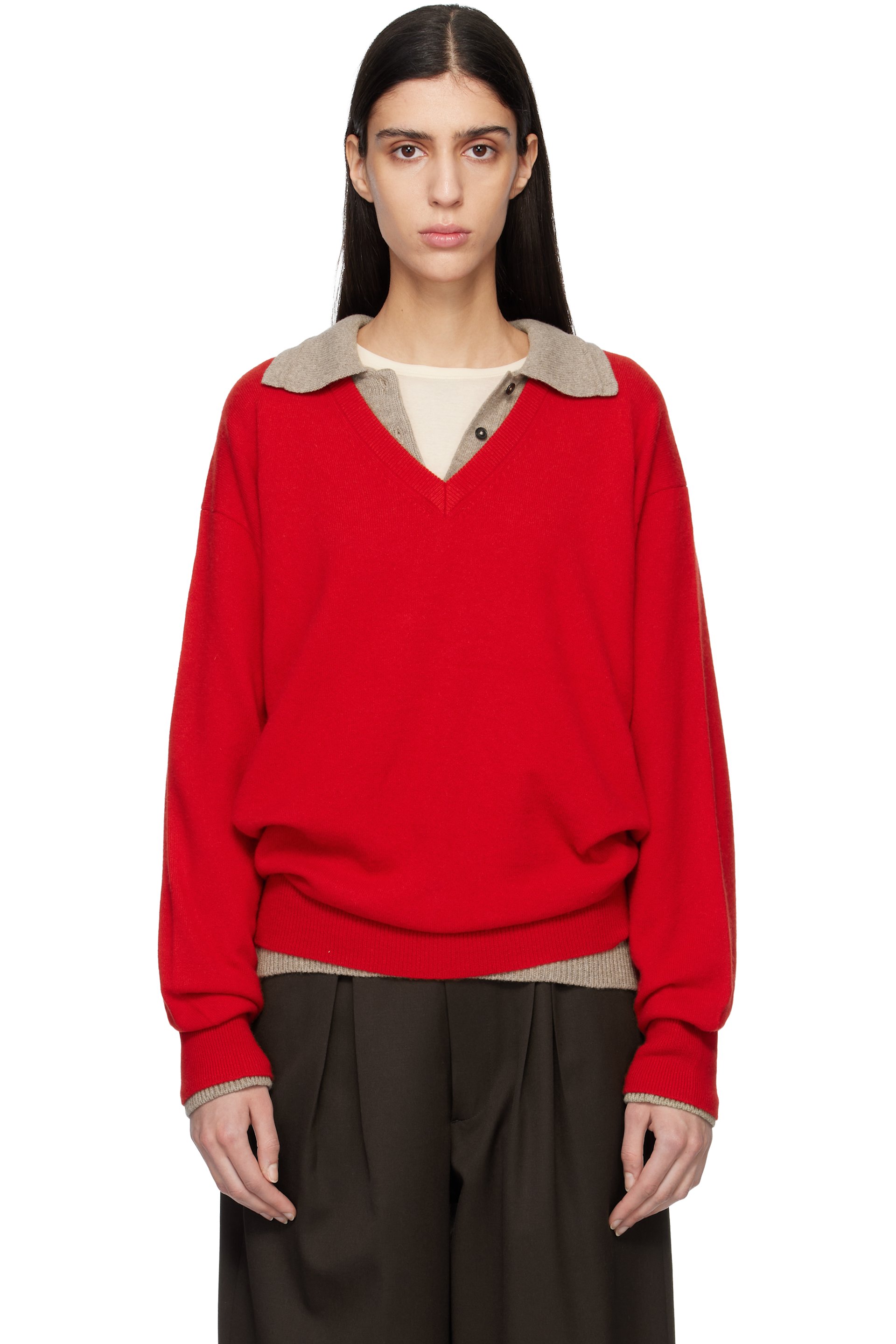 ssstein - Red Pure Cashmere Knit V Neck LS Sweater