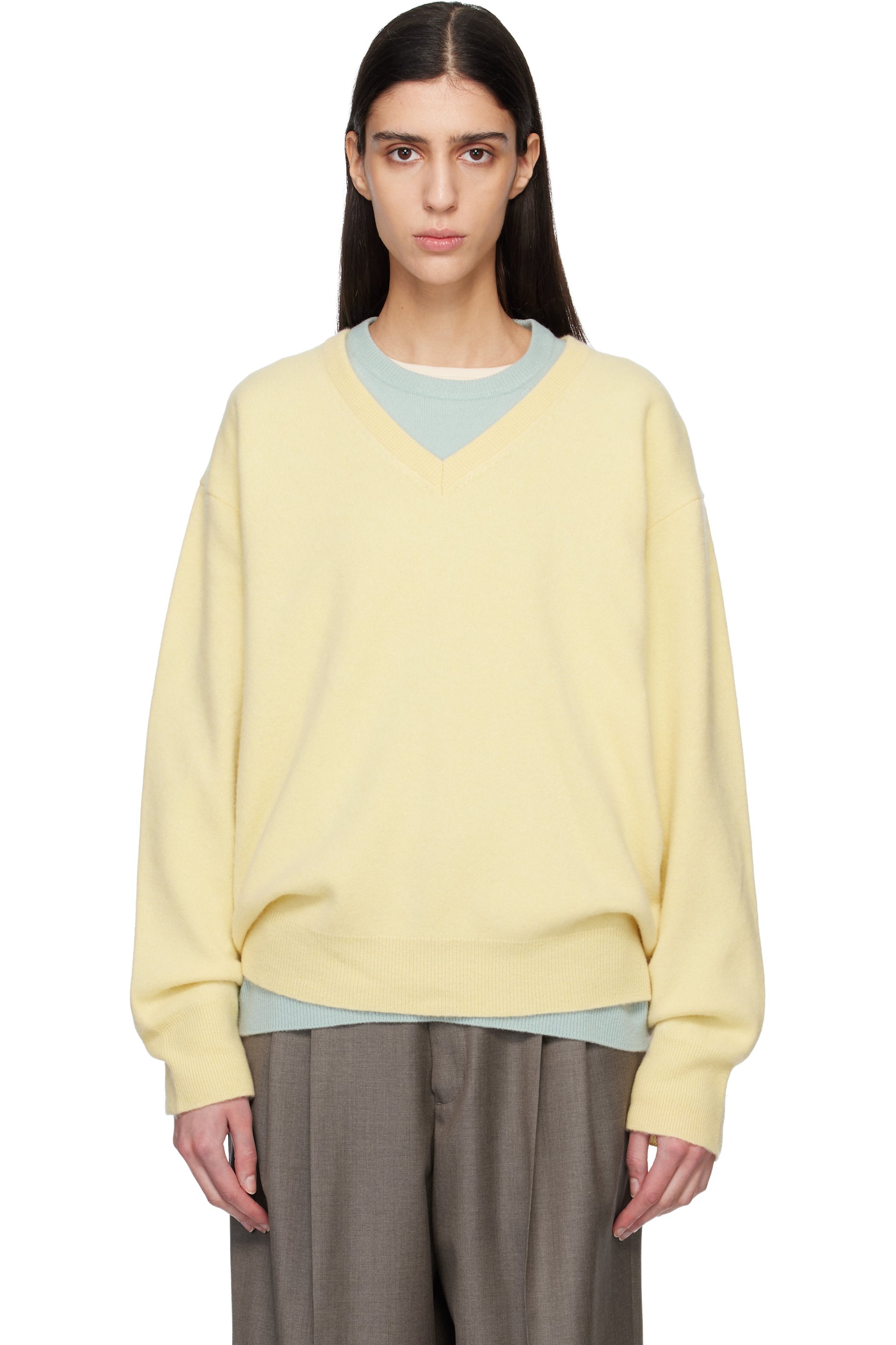 ssstein - Yellow Pure Cashmere Knit V Neck LS Sweater