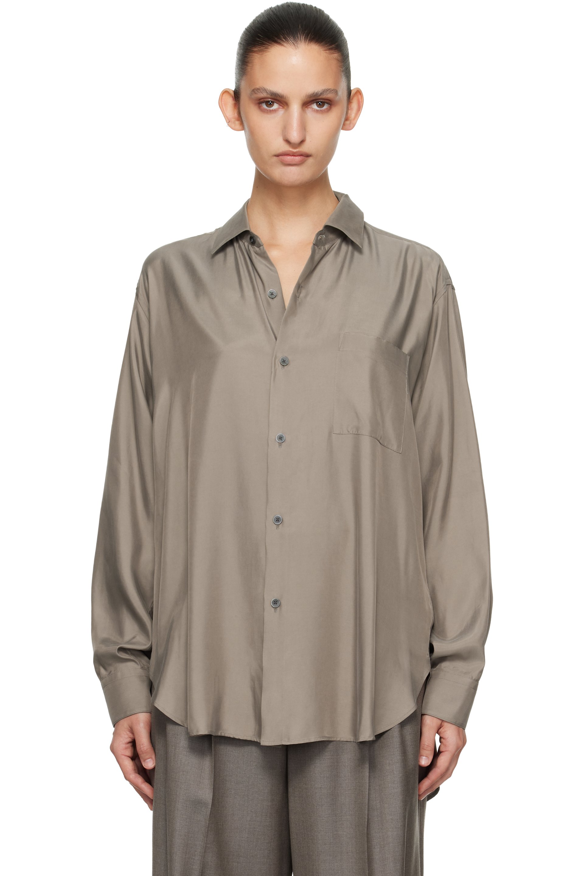 Taupe Cupro Twill Oversized LS Shirt by ssstein on Sale Taupe Cupro Twill Oversized LS Shirt by ssstein on Sale