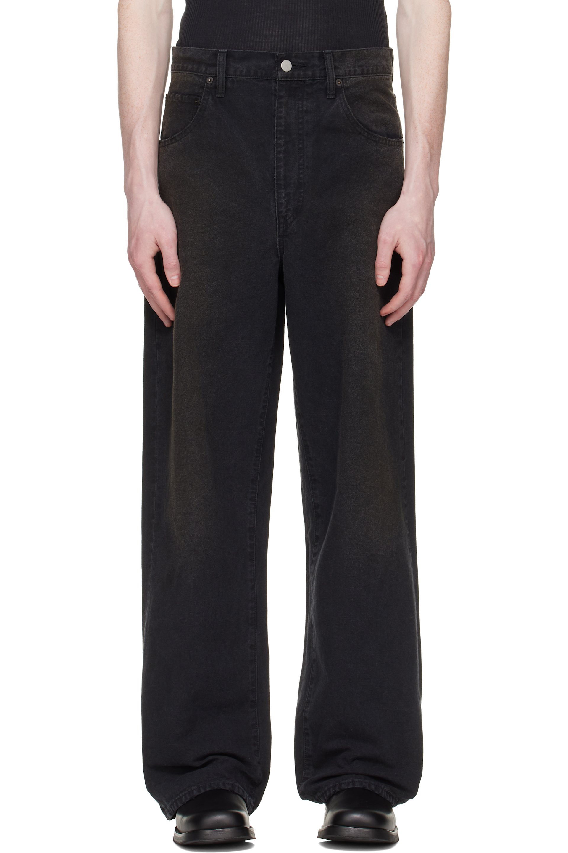 ム*ン様 sssteinSULFUR DYED OXFORD VINTAGE J ssstein: Black Sulfur Dyed Oxford Vintage Wide Trousers | SSENSE