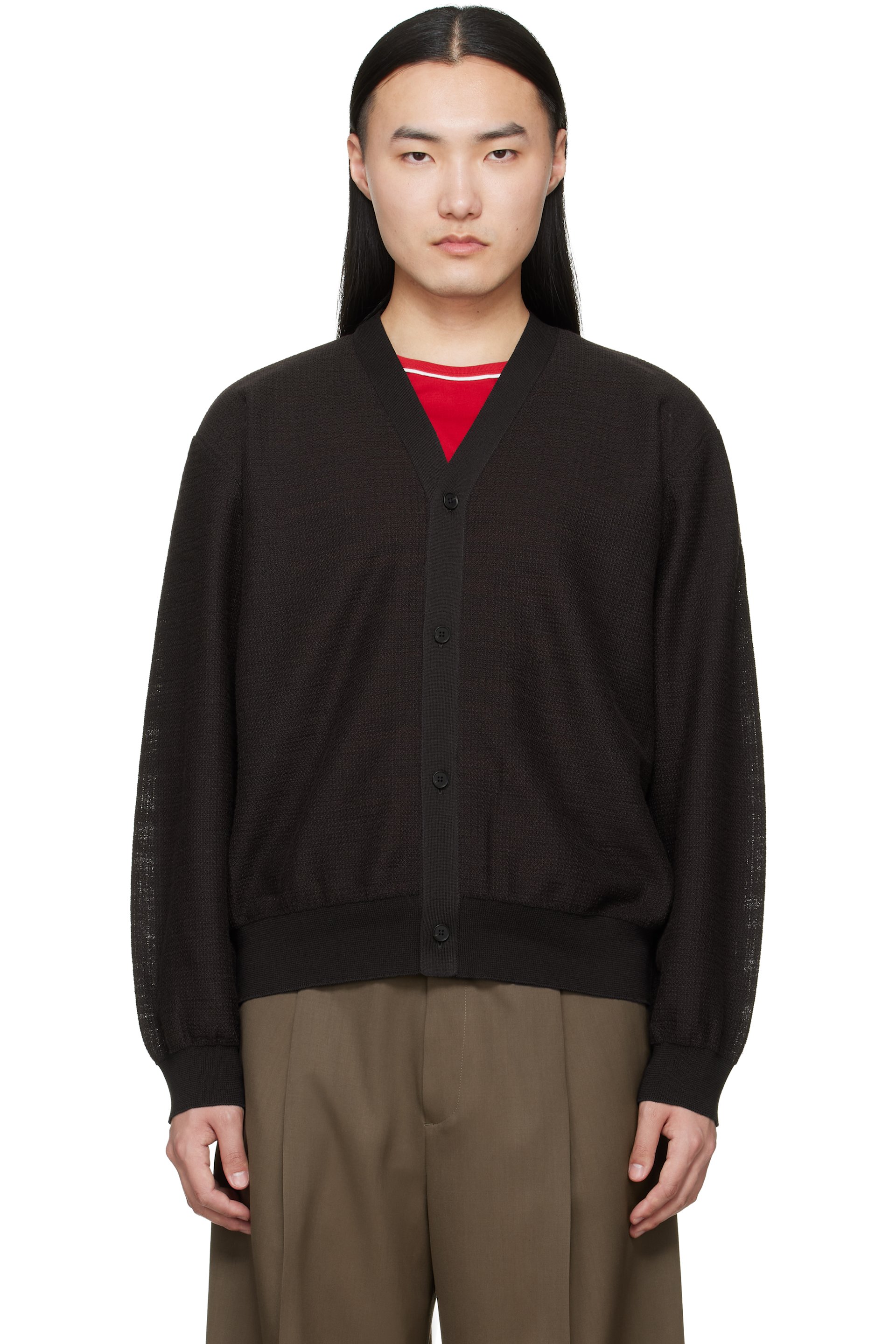 ssstein - Brown Slub Cotton Knit Cardigan