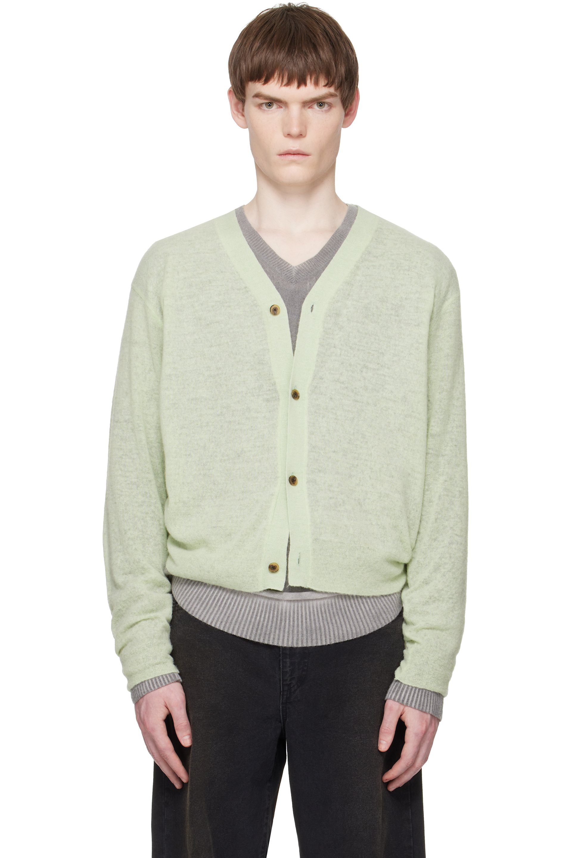 ssstein - Green Knit V Neck Cardigan