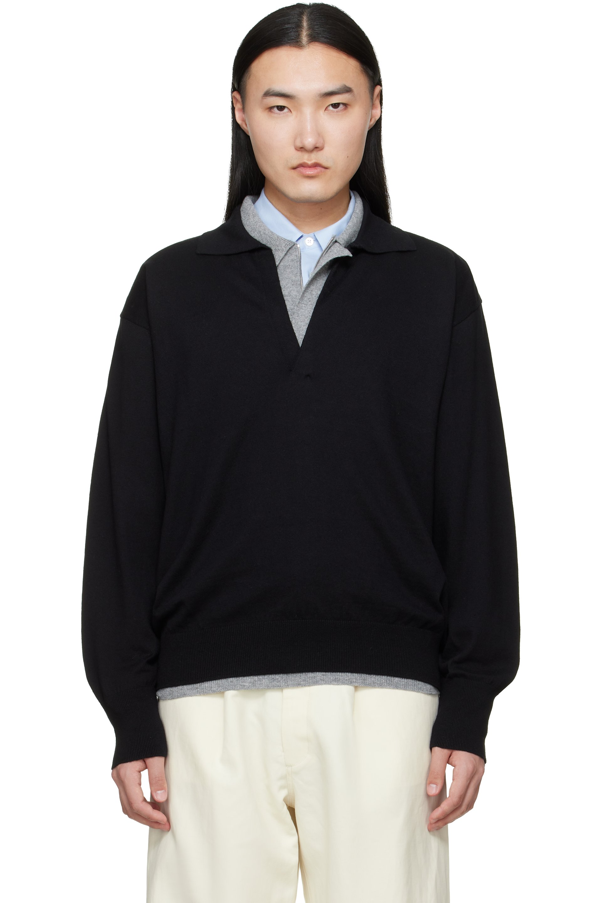 ssstein - Black Organic Cotton Knit Skipper LS Polo