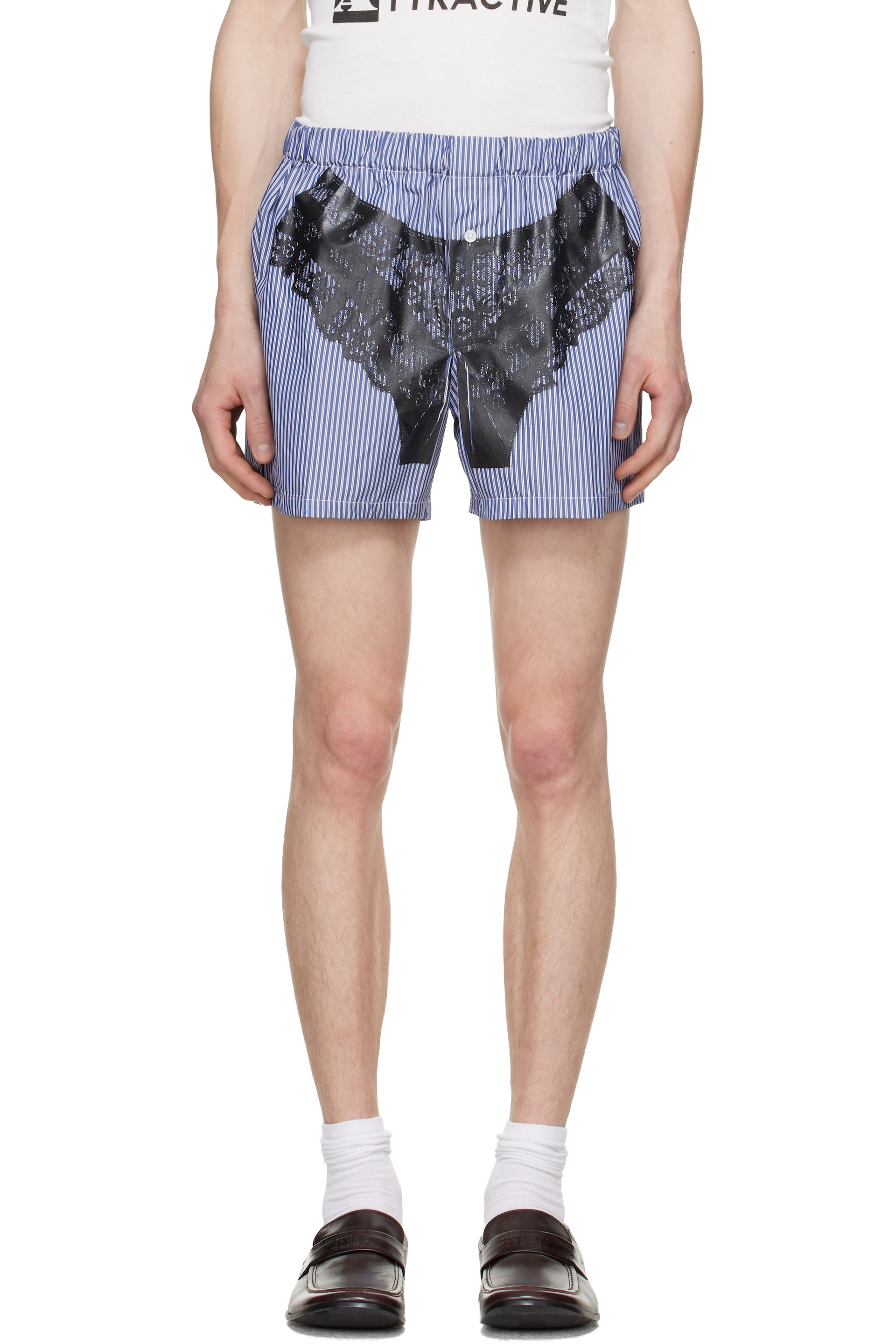 VAQUERA - Navy & White Striped Trompe L'Oeil Boxer Shorts