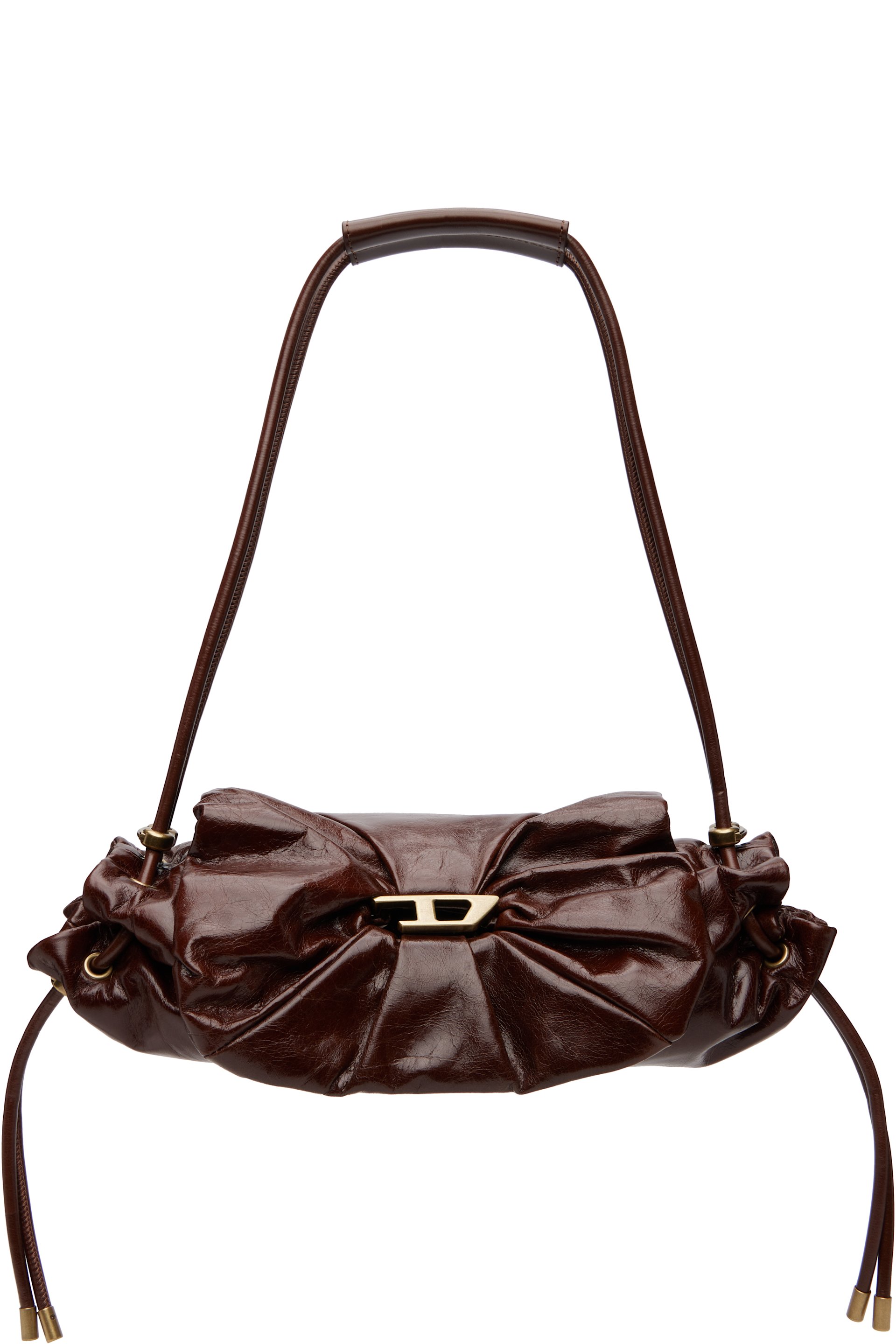 Diesel - Brown Scrunch-D-Small Shiny Leather Shoulder Bag