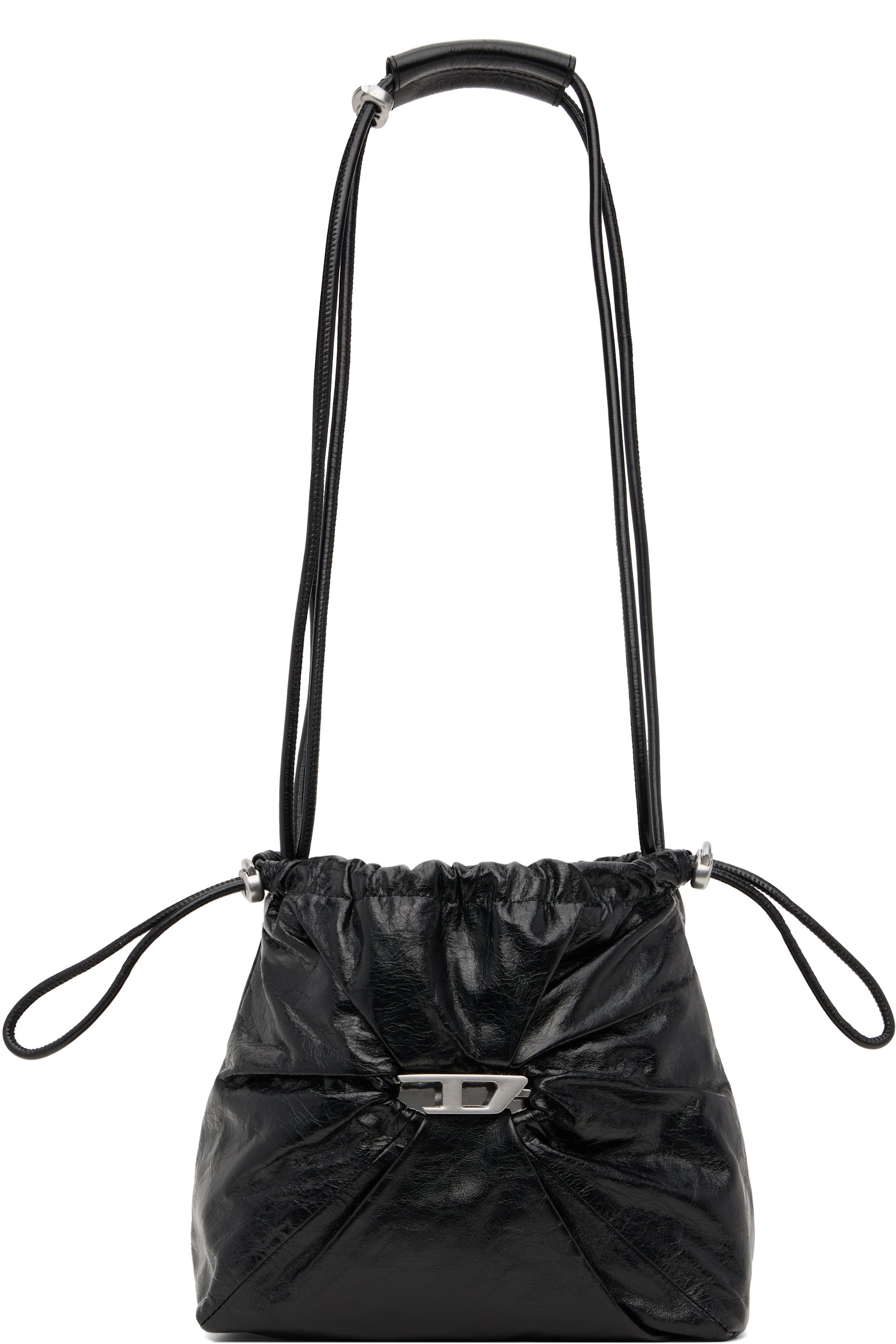 Diesel - Black Scrunch-D-Bucket Shiny Wrinkled Leather Bag