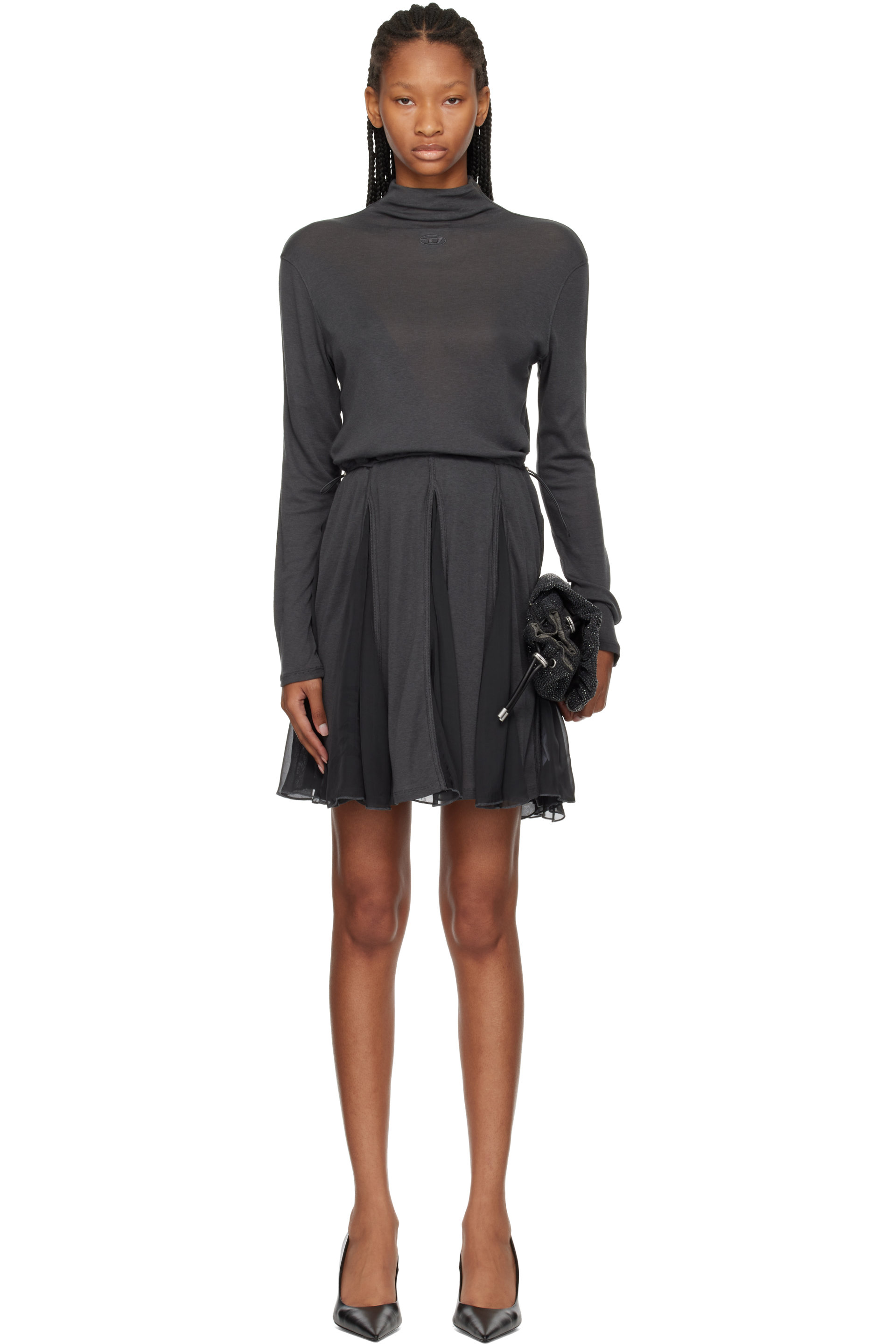 Diesel - Gray Jersey & Chiffon Turtleneck Minidress