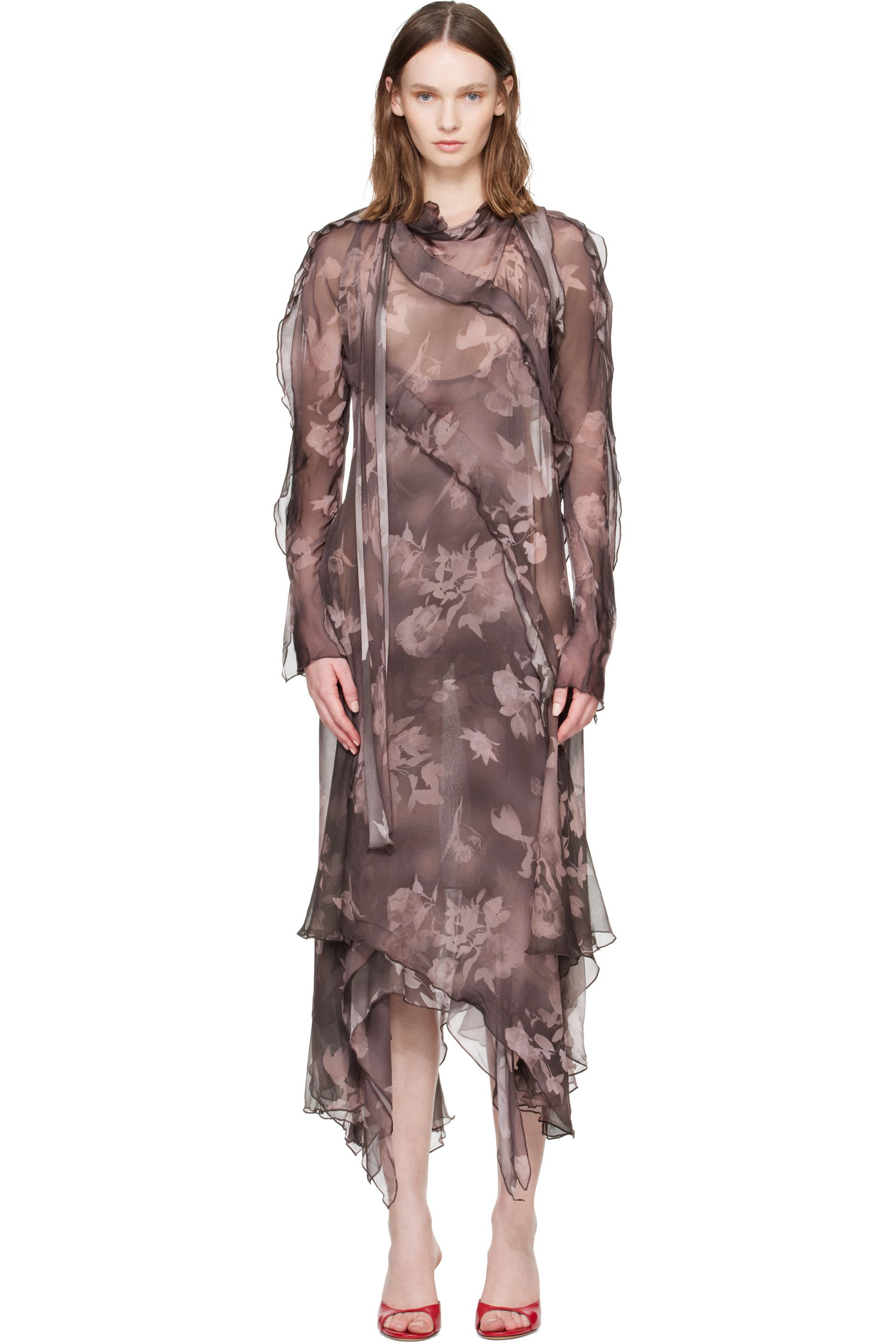 Diesel - Robe midi asymétrique brune en crêpe chiffon et soie