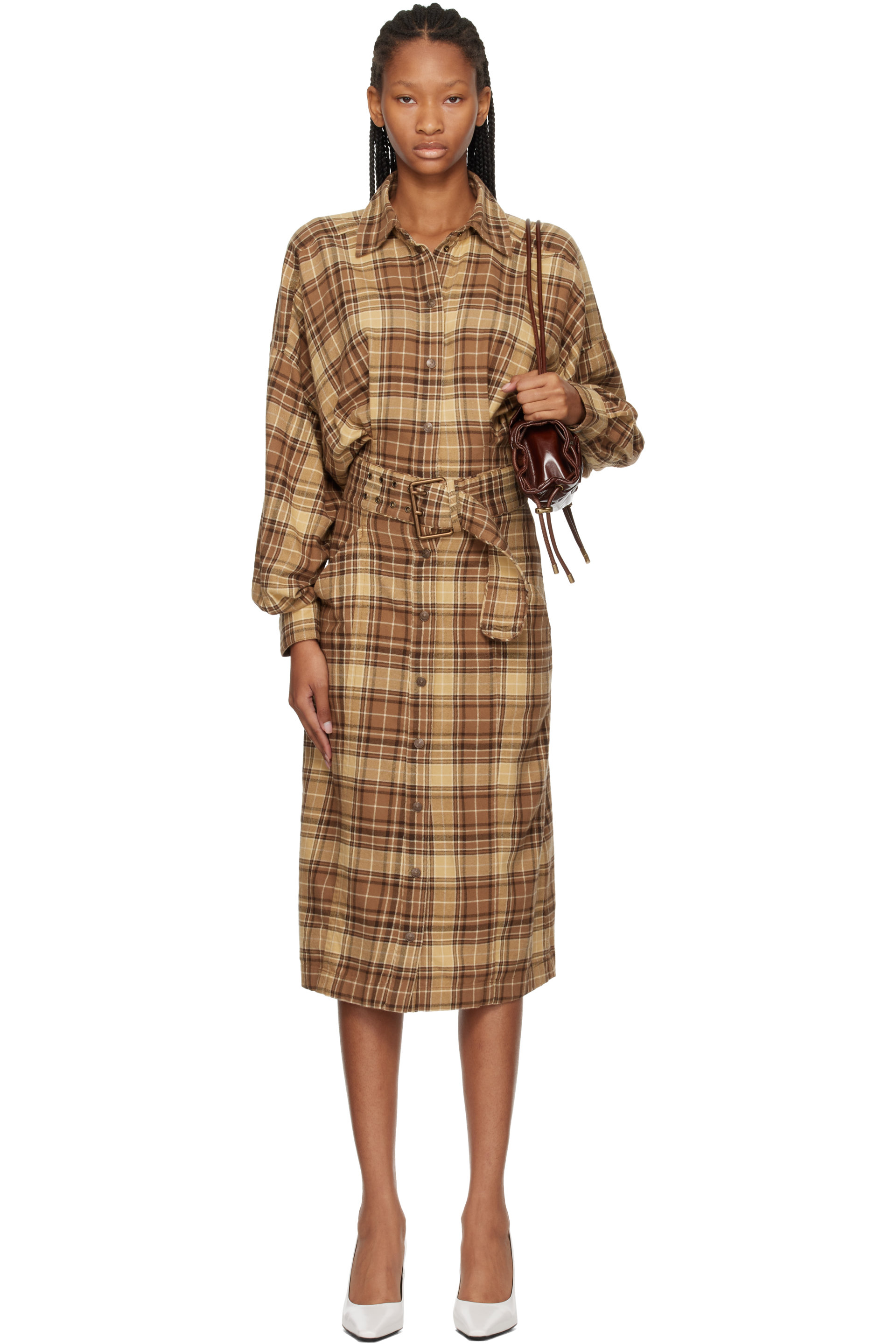 Diesel - Brown Check Flannel Wide Belt Midi Dress