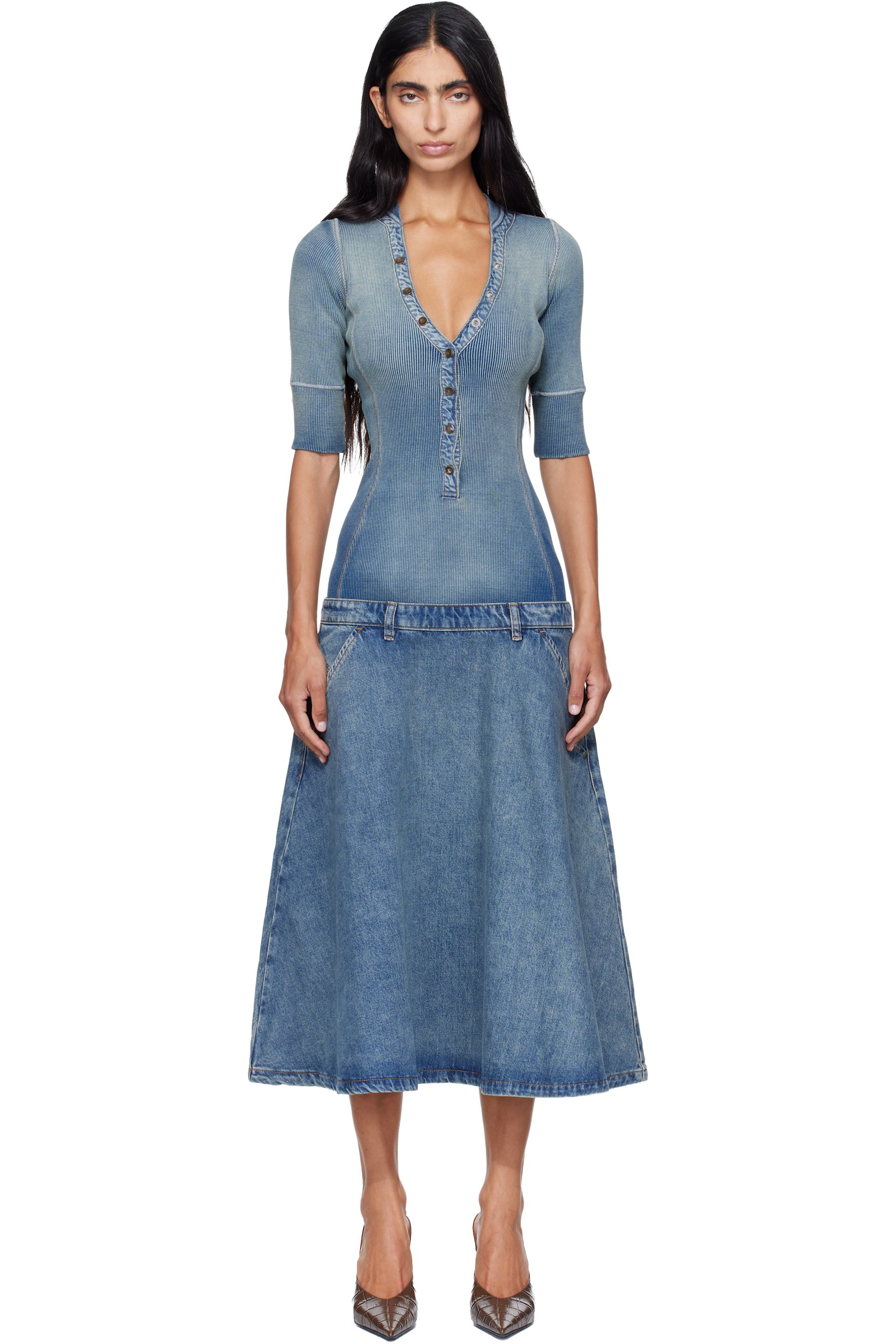 Diesel - Blue Drop-Waist Knit & Denim Midi Dress