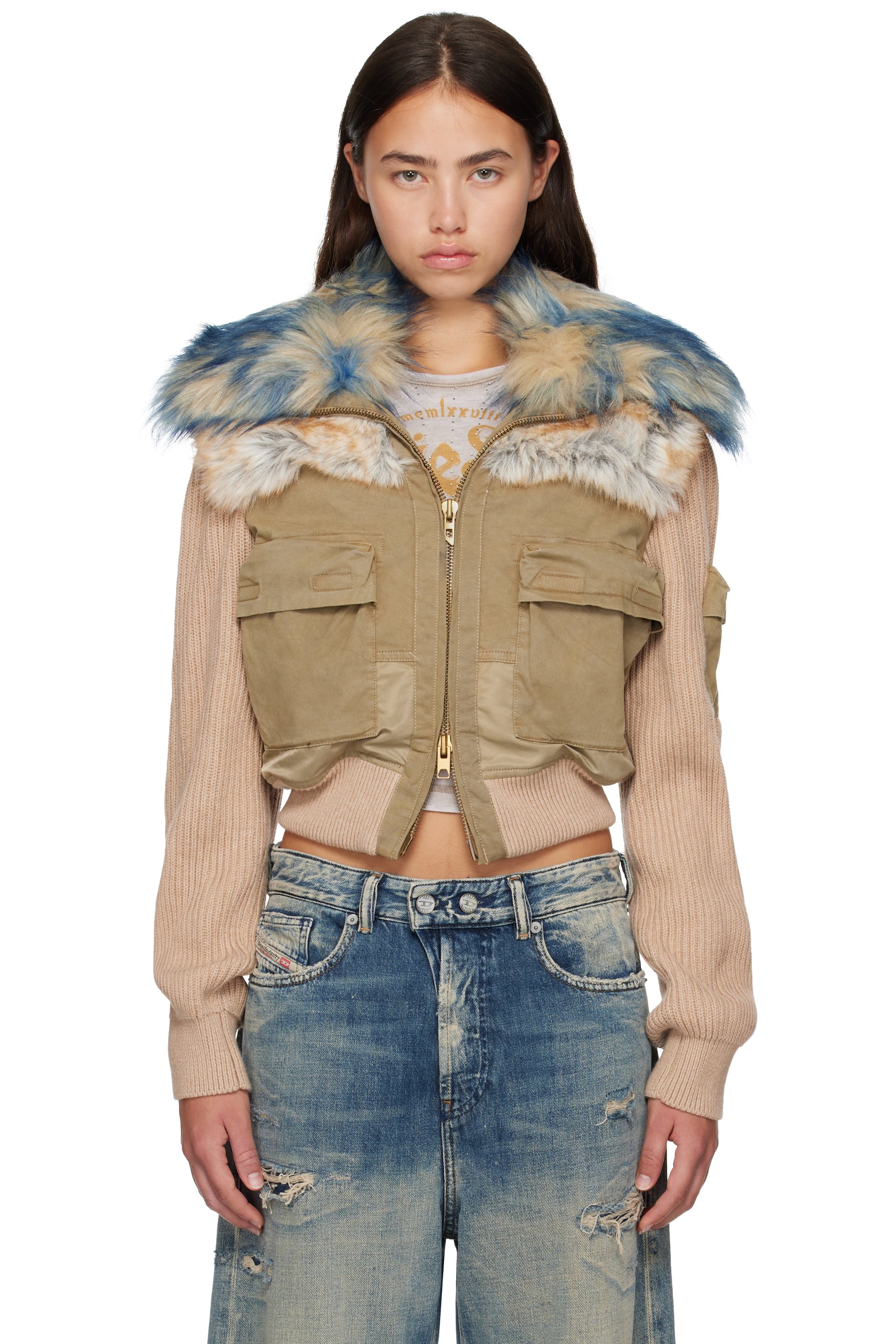 Diesel - Beige & Khaki Rib-Knit Bomber Jacket