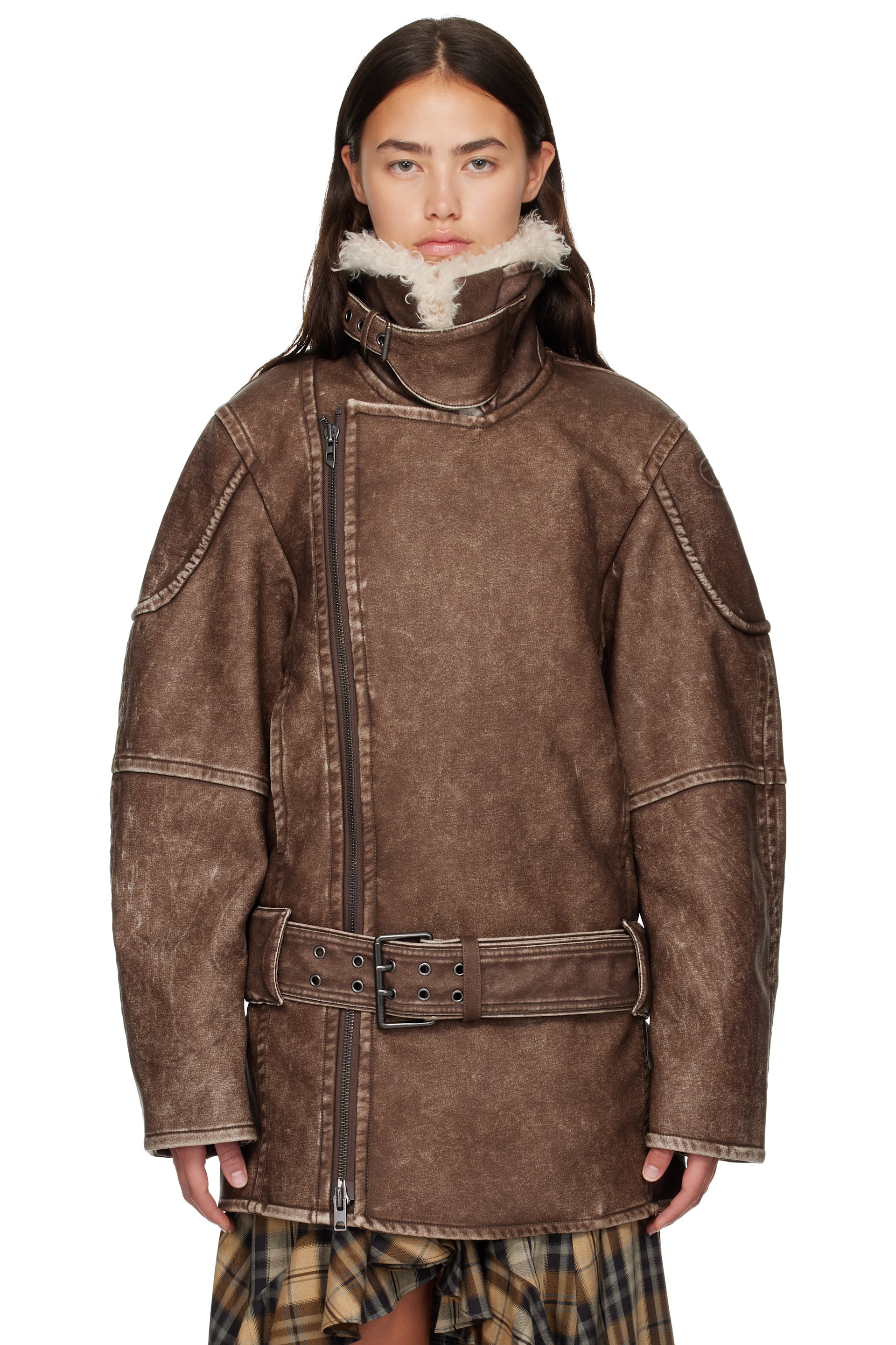 Diesel - Brown Double-Breasted Aviator-Biker Coat