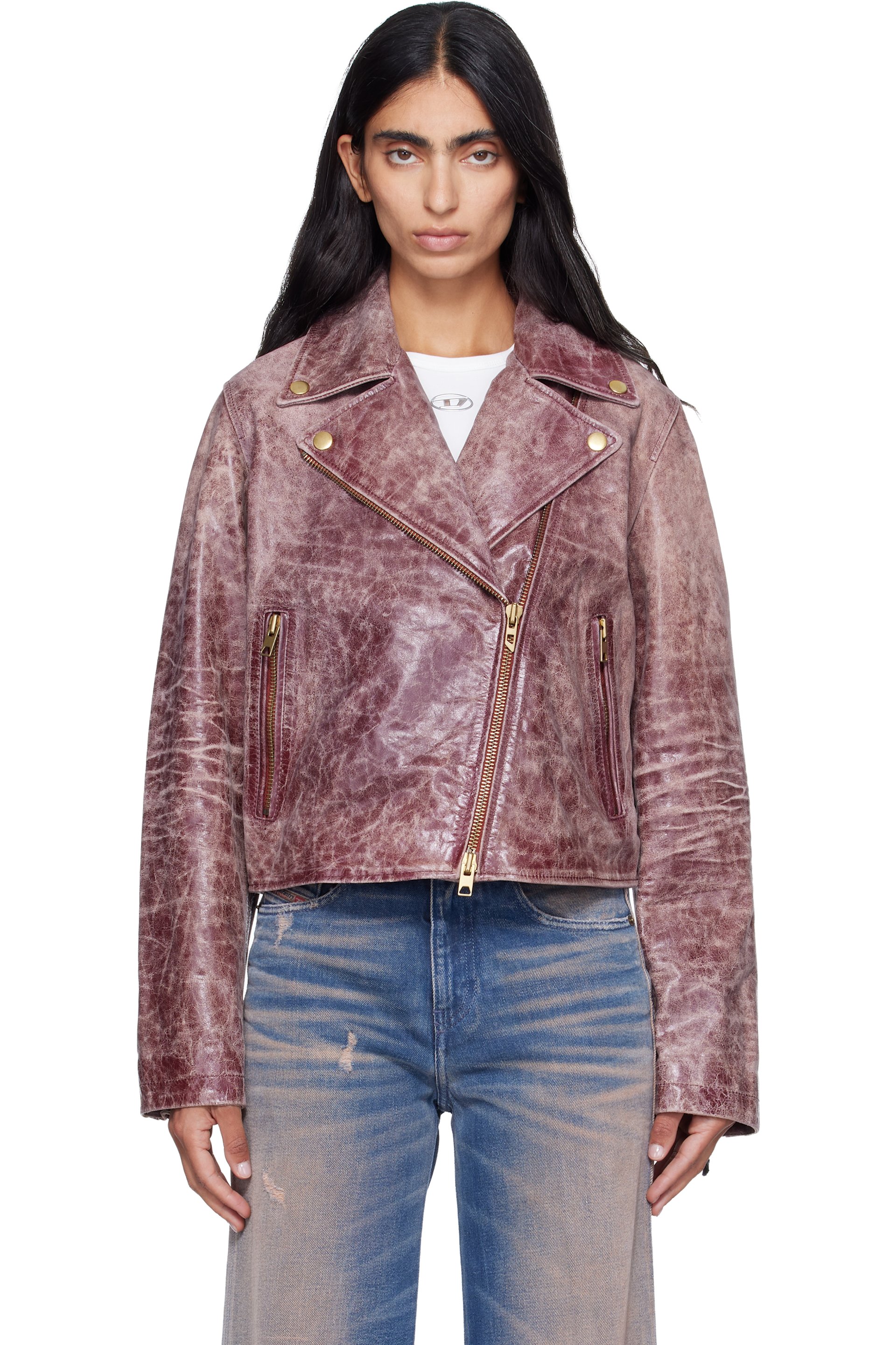 Diesel - Pink Treated Leather Biker Jacket