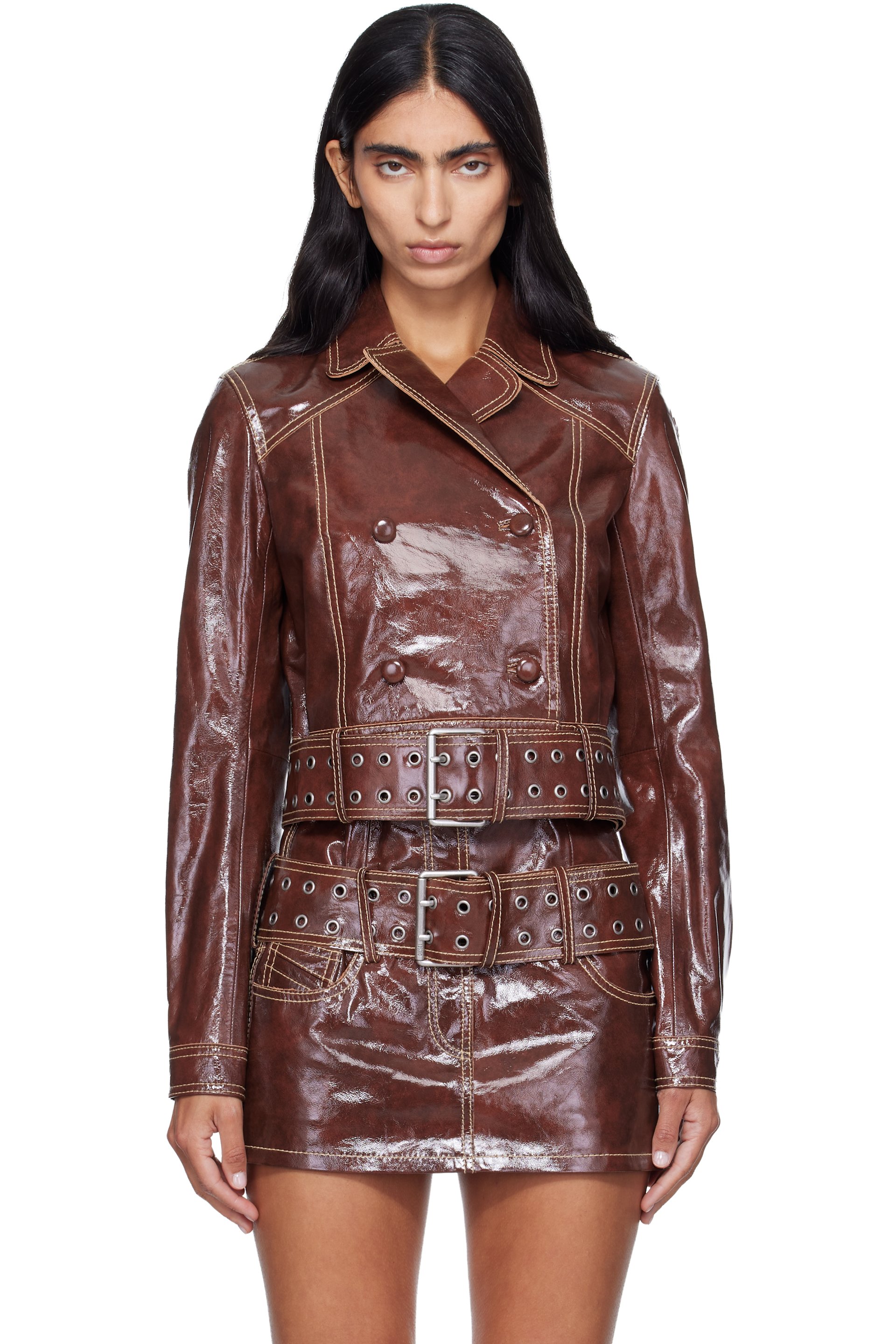 Diesel - Brown Large Belt Patent-Leather Jacket
