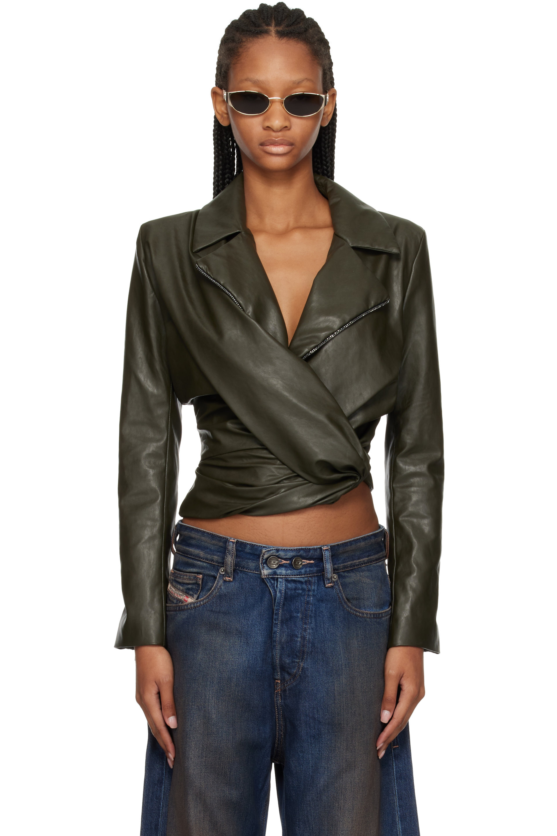 Diesel - Khaki Draped Wrap-Effect Faux-Leather Jacket