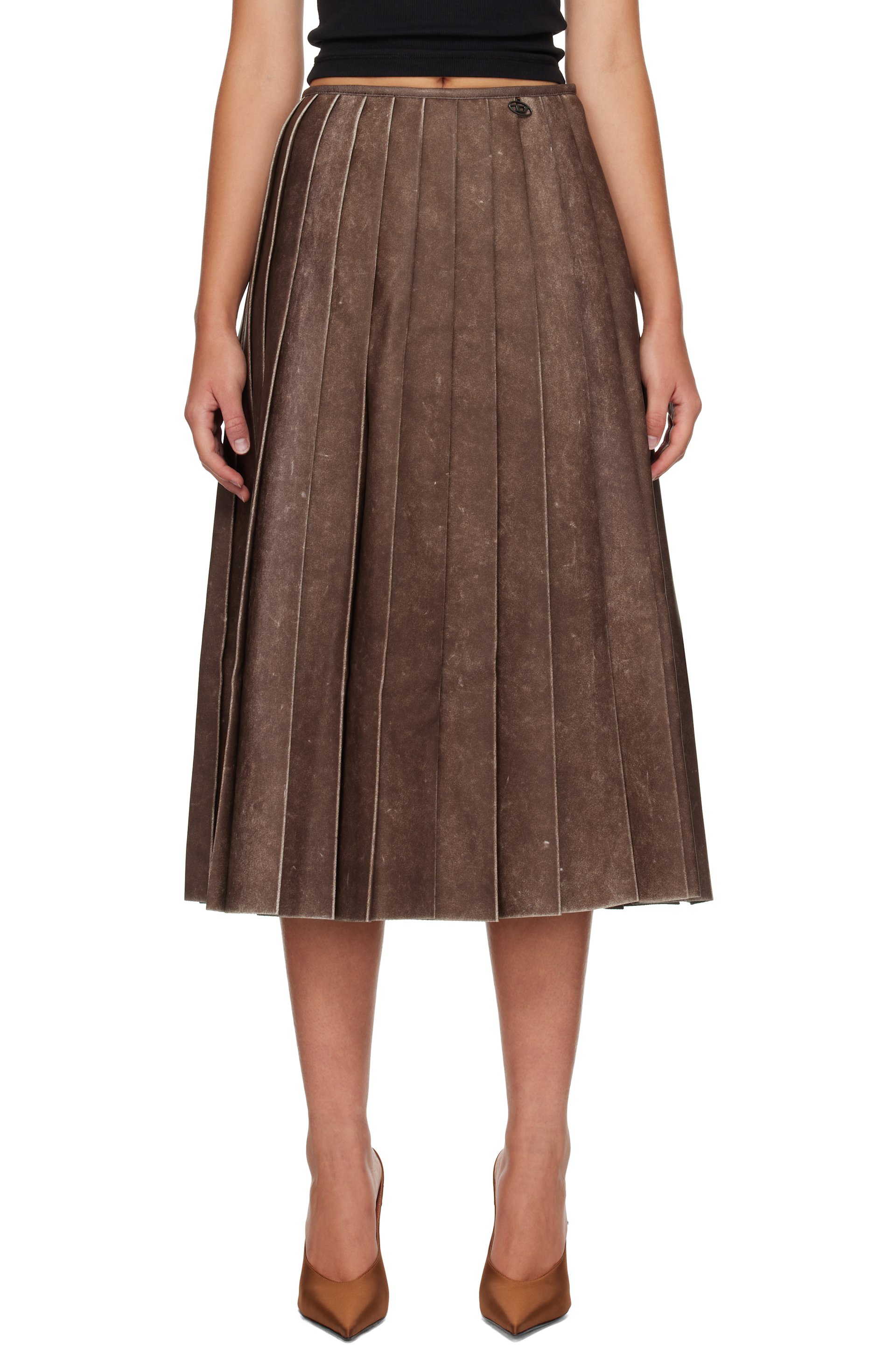 Diesel - Brown Distressed Pleated Faux-Leather Midi Skirt