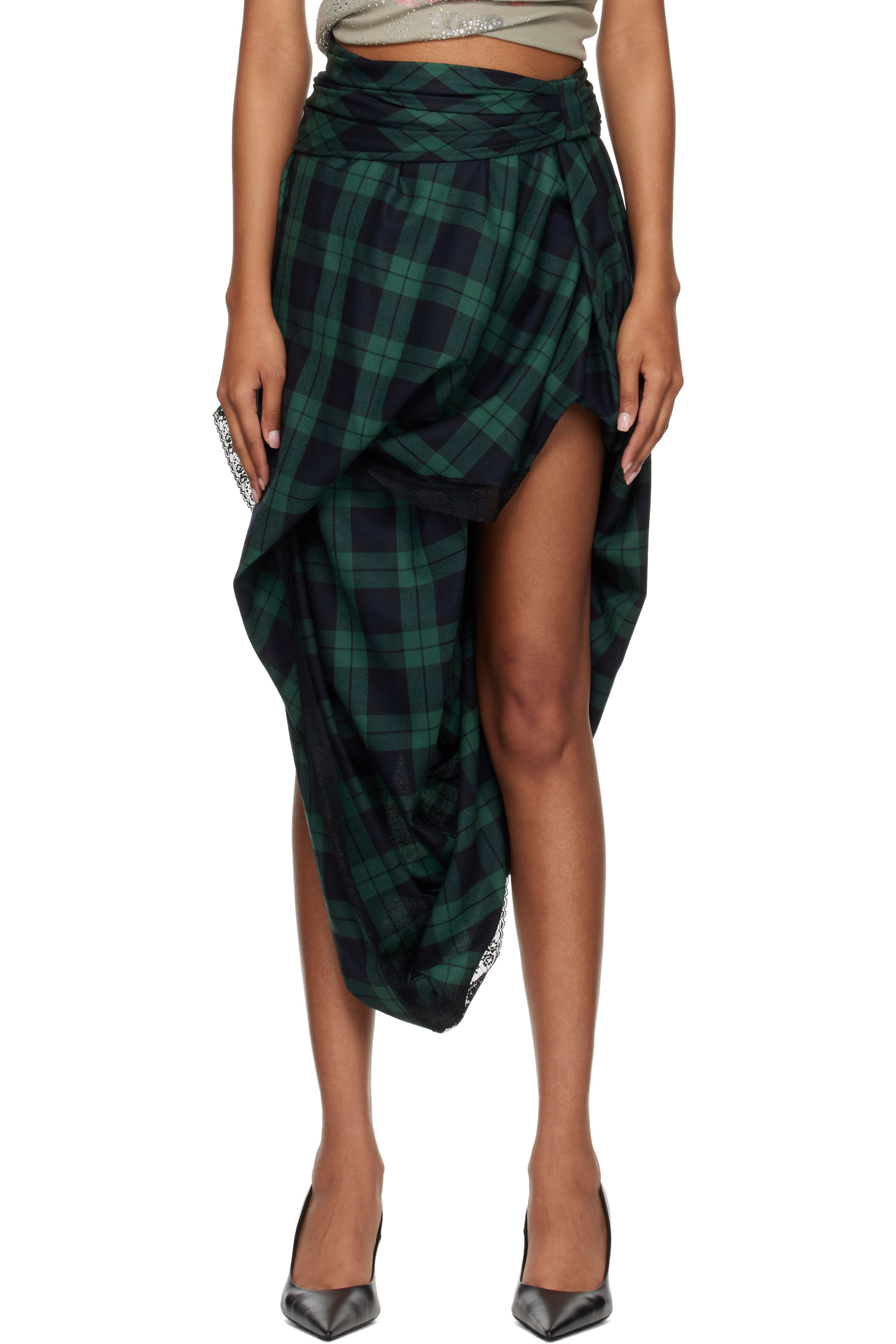 Diesel - Green & Navy Lace Trim Draped Tartan Midi Skirt