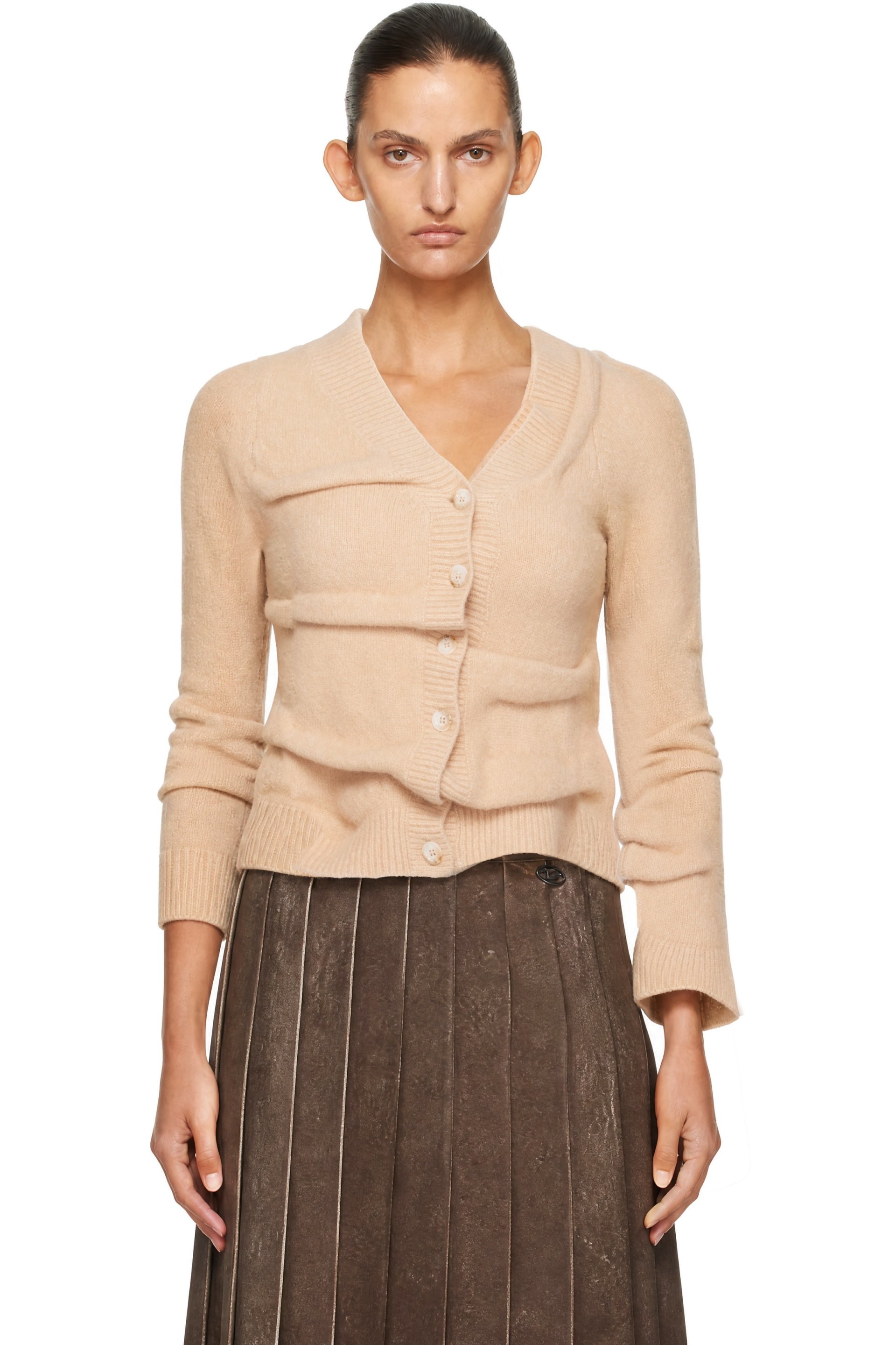 Diesel - Beige Cropped Wrinkled Boiled Knit Cardigan