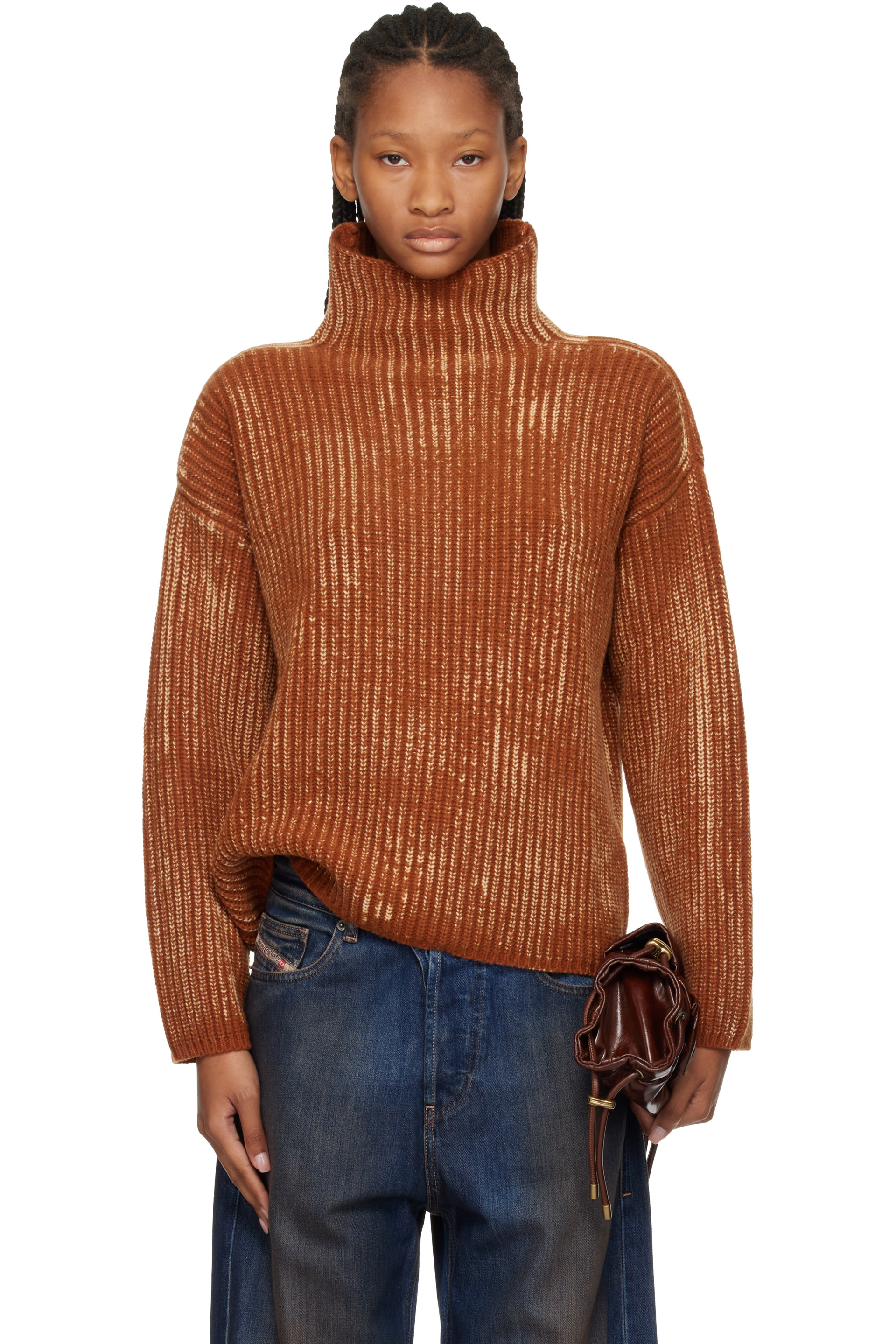 Diesel - Brown Ribbed Wool Blend Funnel-Neck Sweater