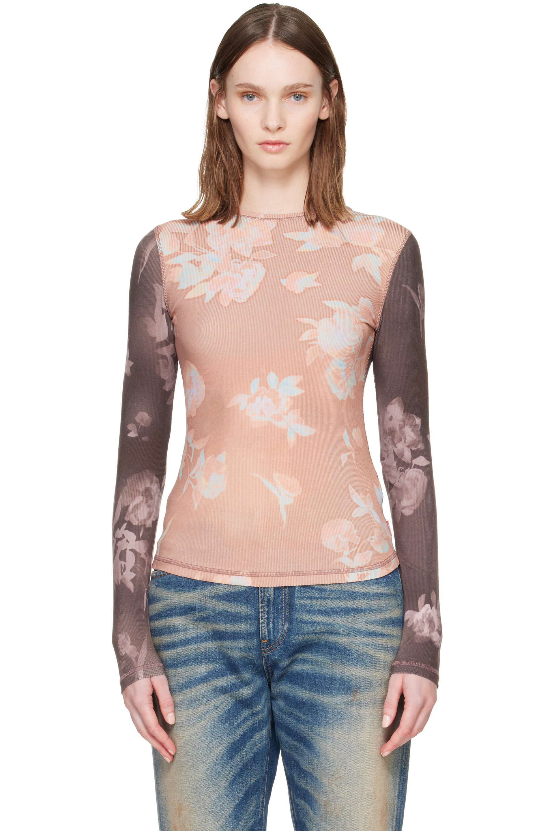Diesel - T-shirt rose et brun en jersey côtelé à motif fleuri