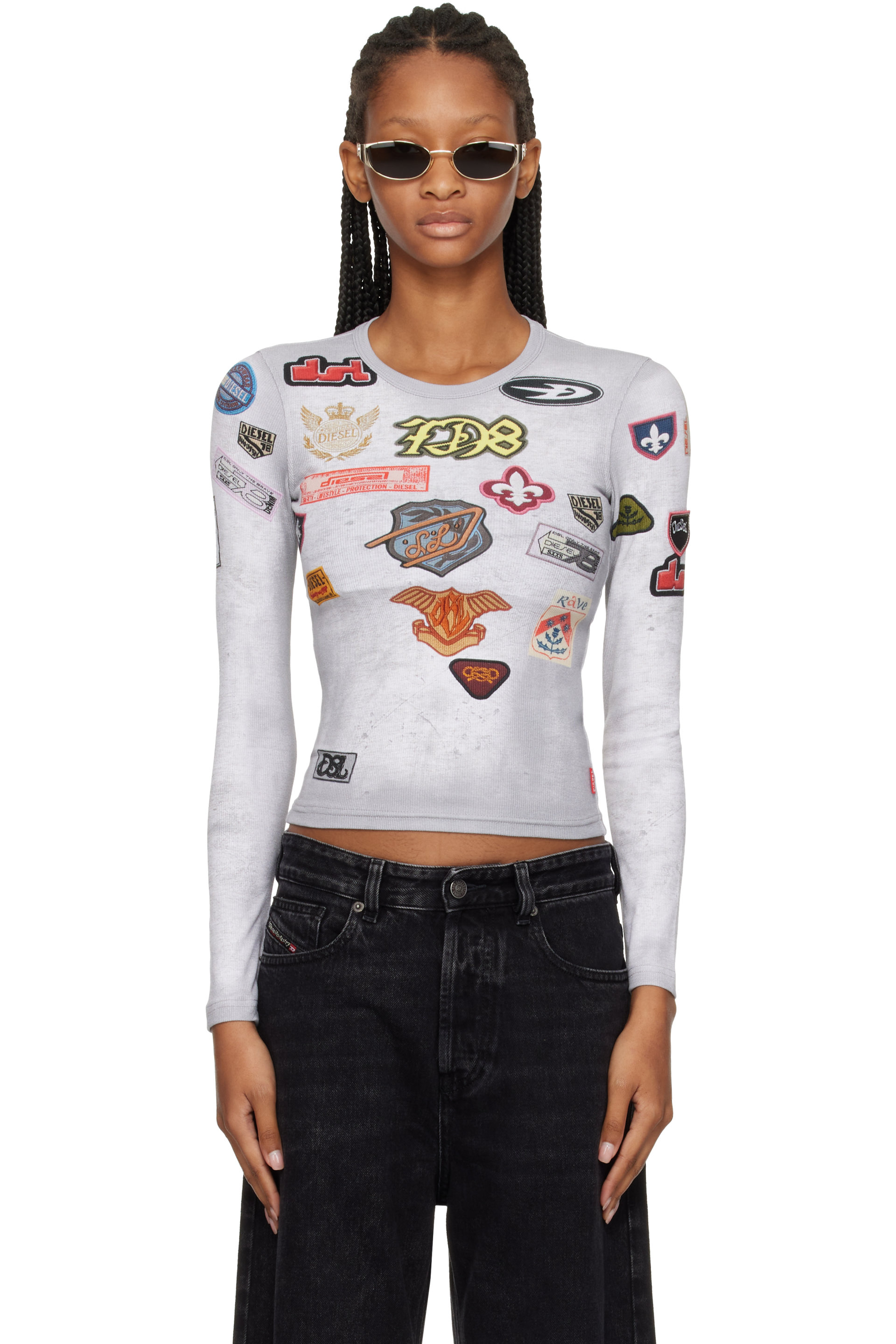 Diesel - Gray Ribbed Jersey All-Over Patch Print Top