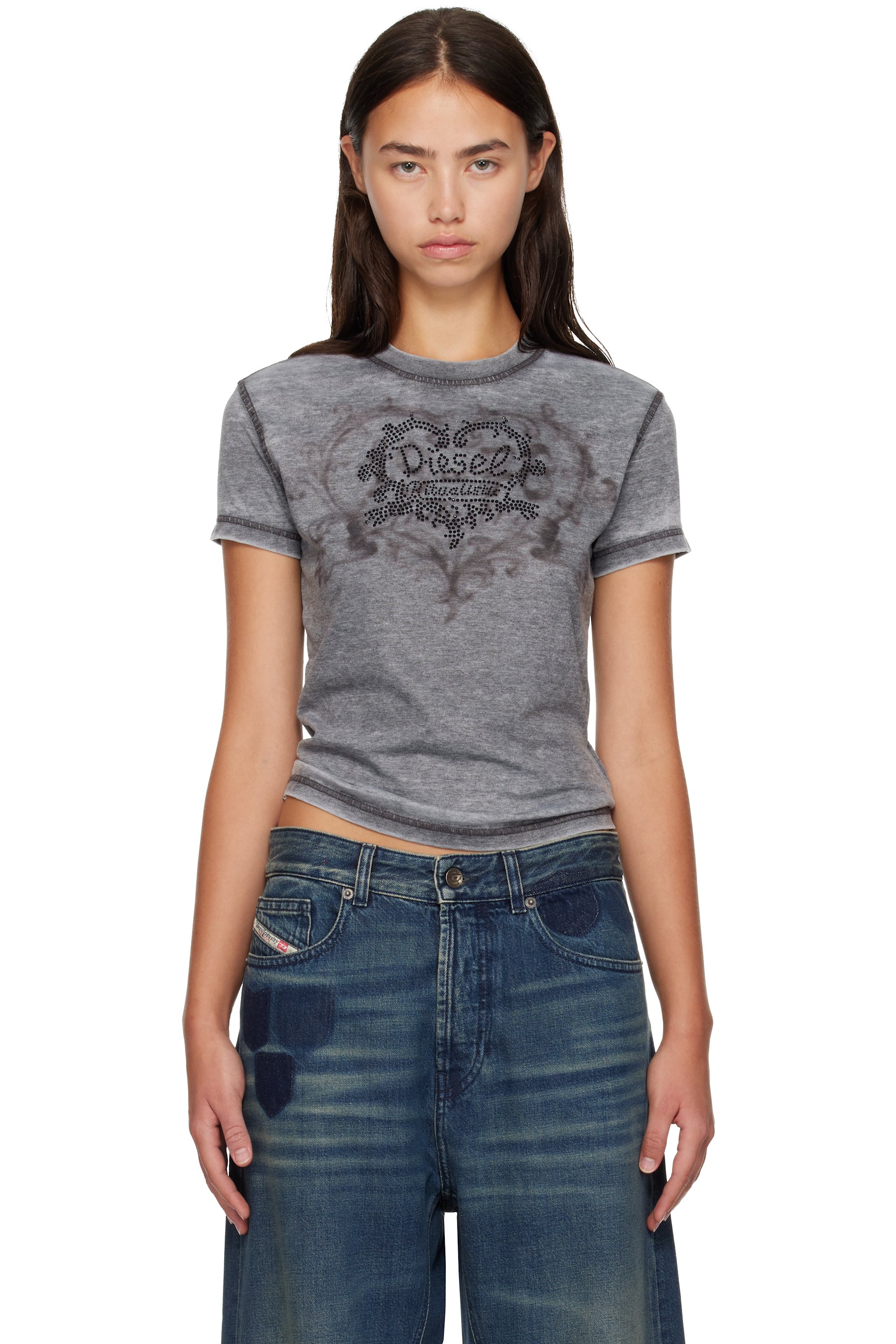 Diesel - Gray Rhinestones & Burnout Effect Jersey T-shirt