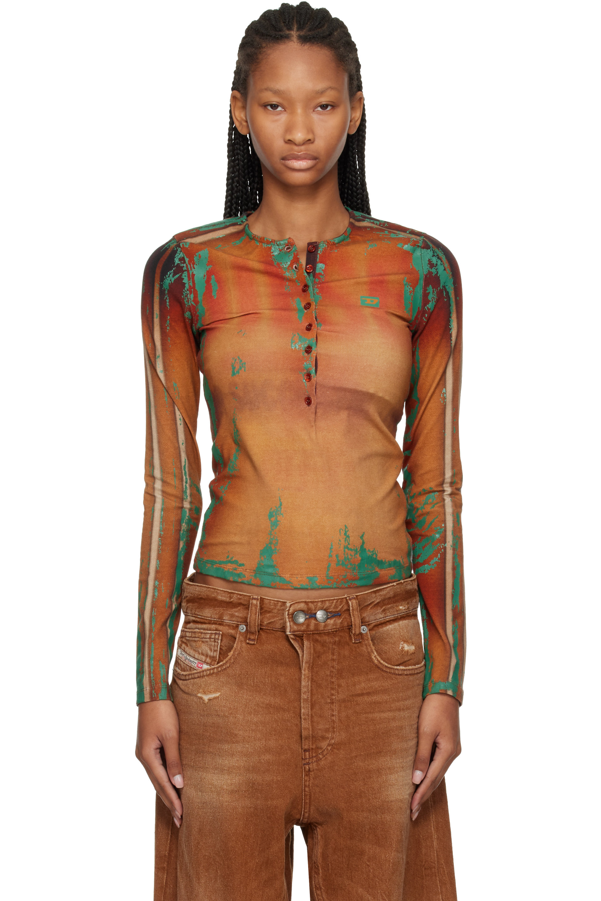 Diesel - Brown Cracked Leather-Effect Jersey Top