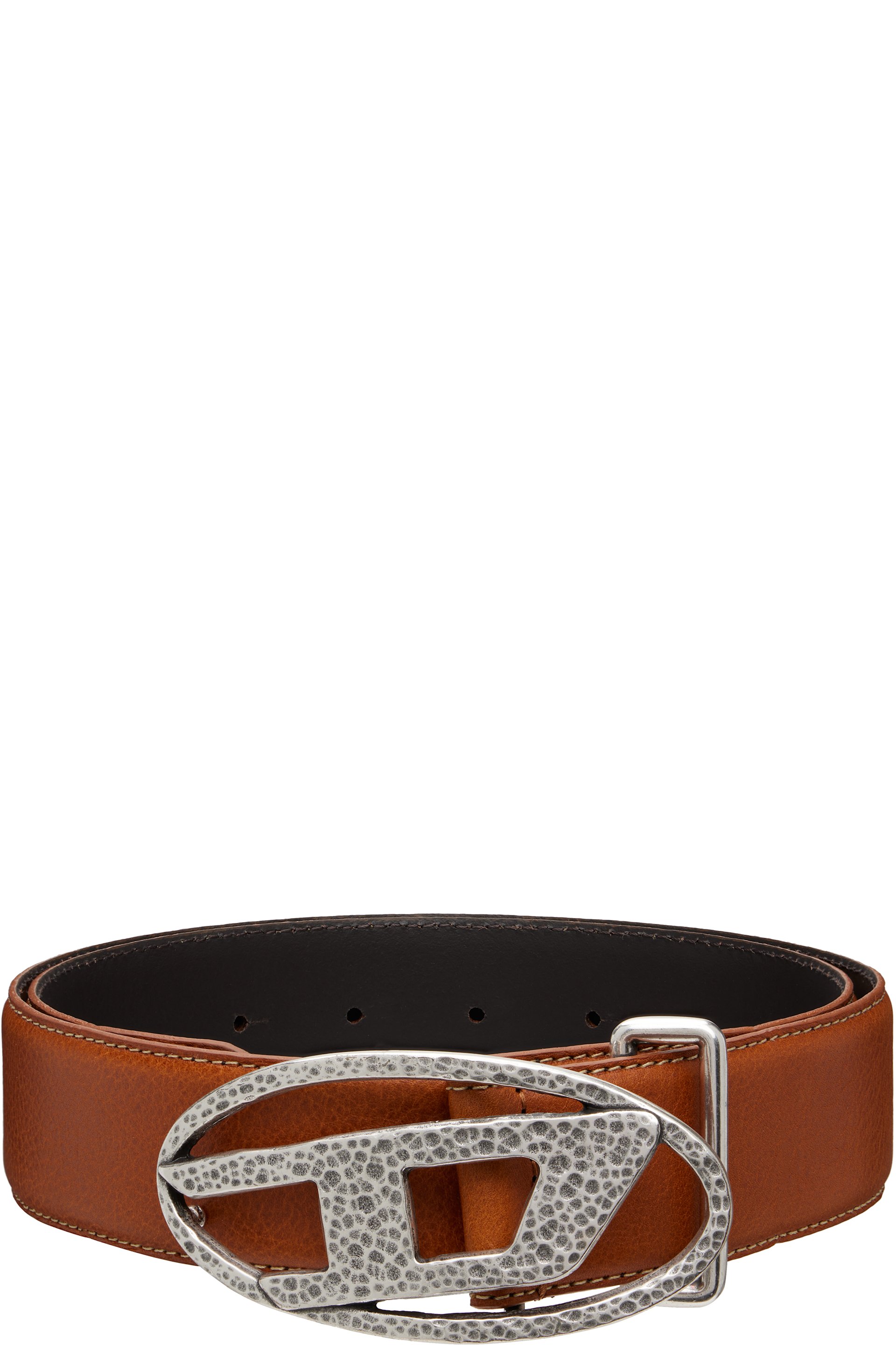 Diesel - Brown 4cm Leather Hammered Oval 'D' Buckle Belt