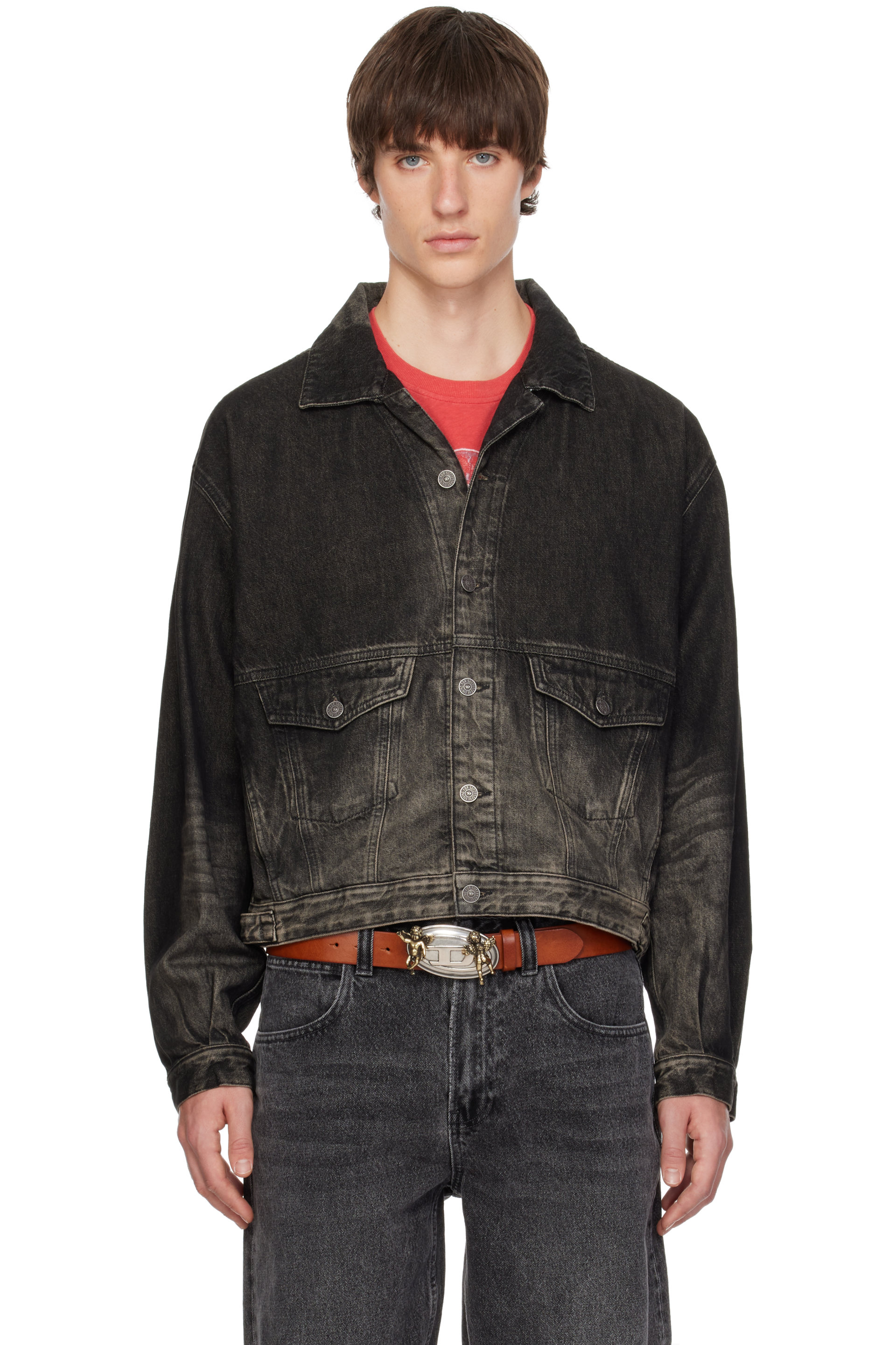 Diesel - Blouson camionneur noir en denim à effet délavé