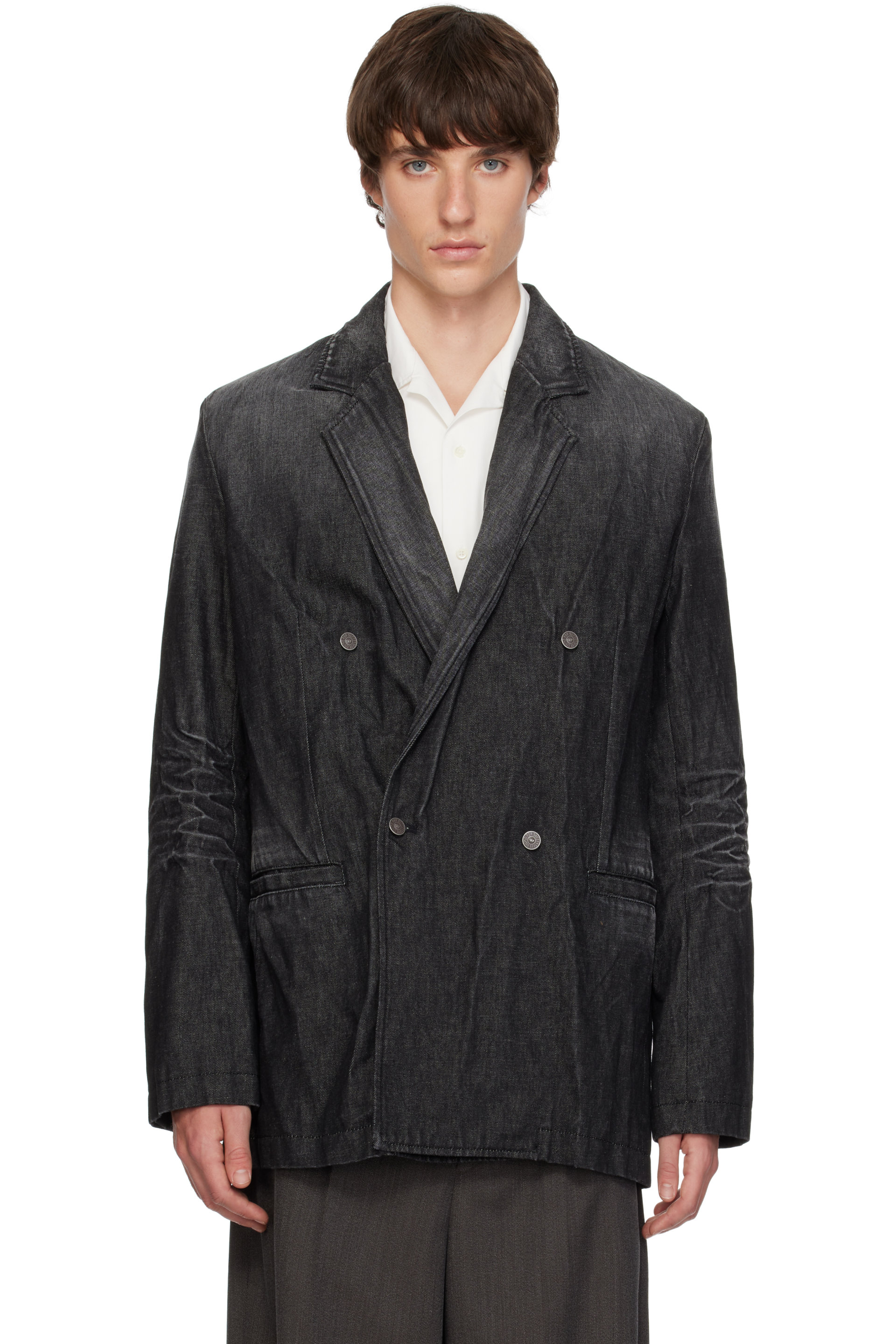 Diesel - Black Double-Breasted Creased Denim Blazer