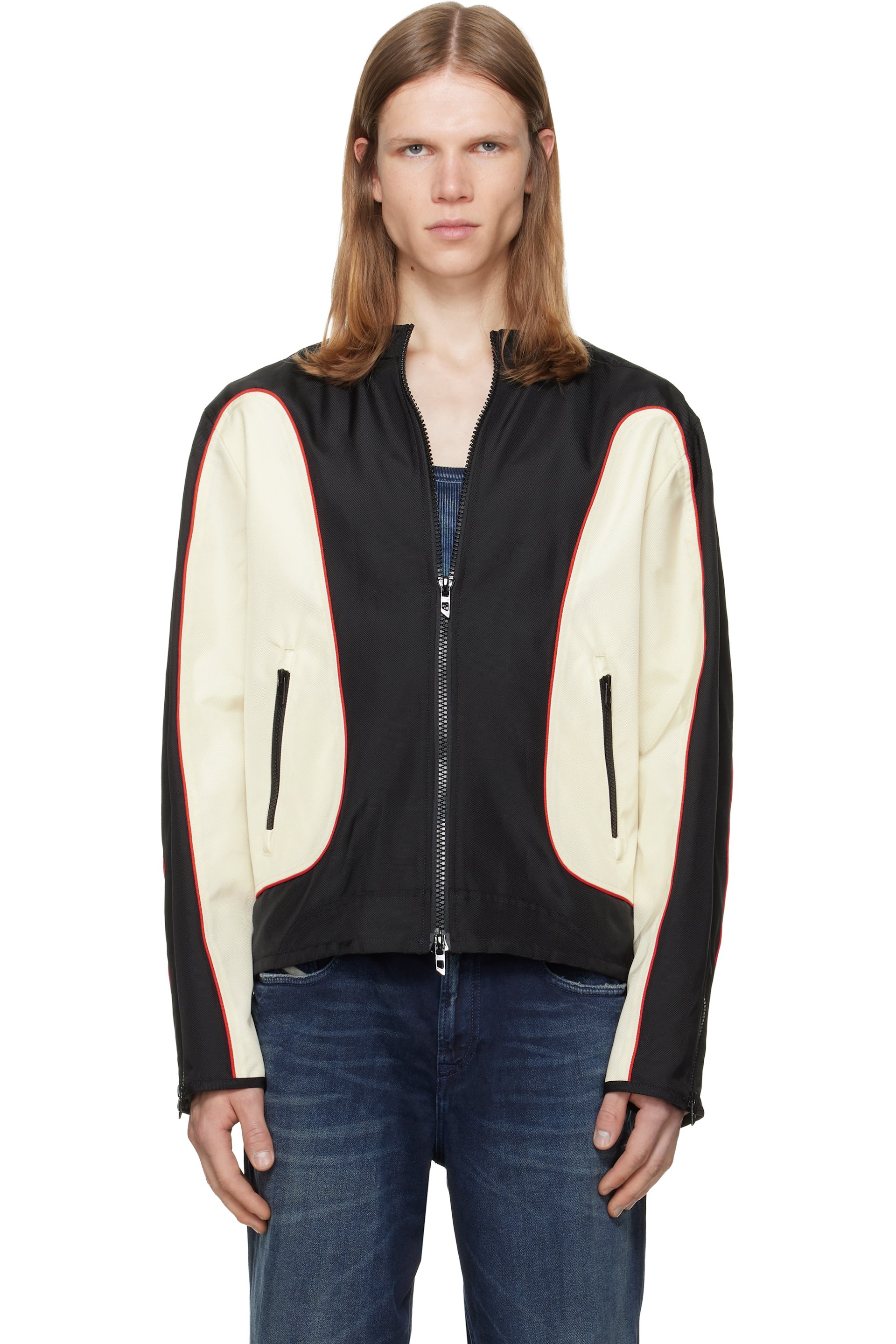 Diesel - Black & Off-White Nylon Color Block & Piping Details Jacket