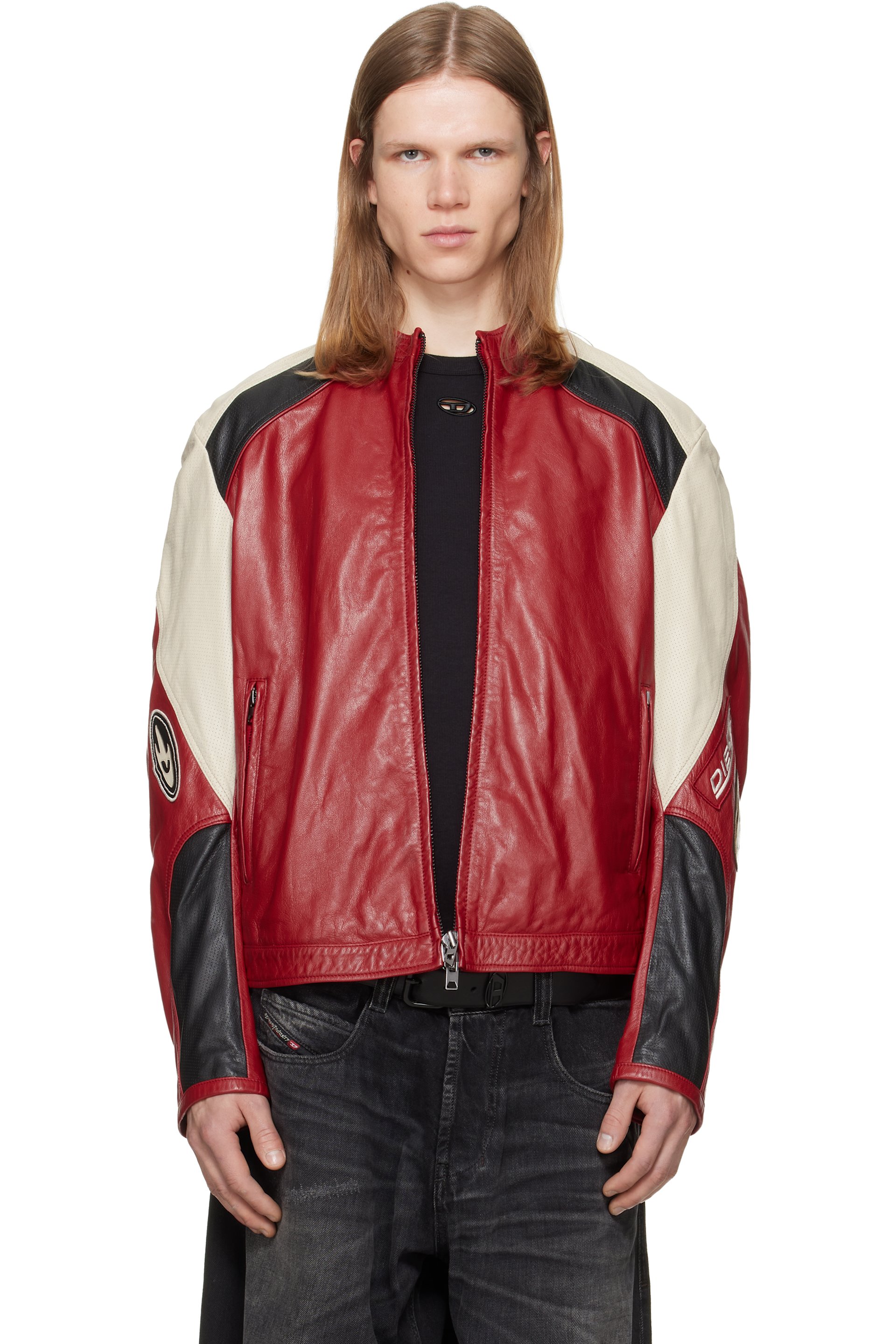 Diesel - Red Colour-Block Perforated Leather Biker Jacket