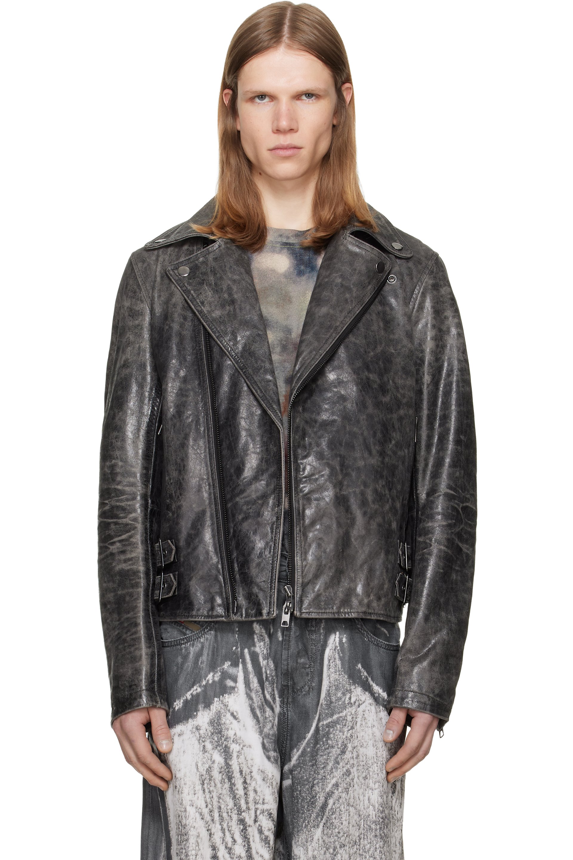 Diesel - Gray Treated Leather Biker Jacket