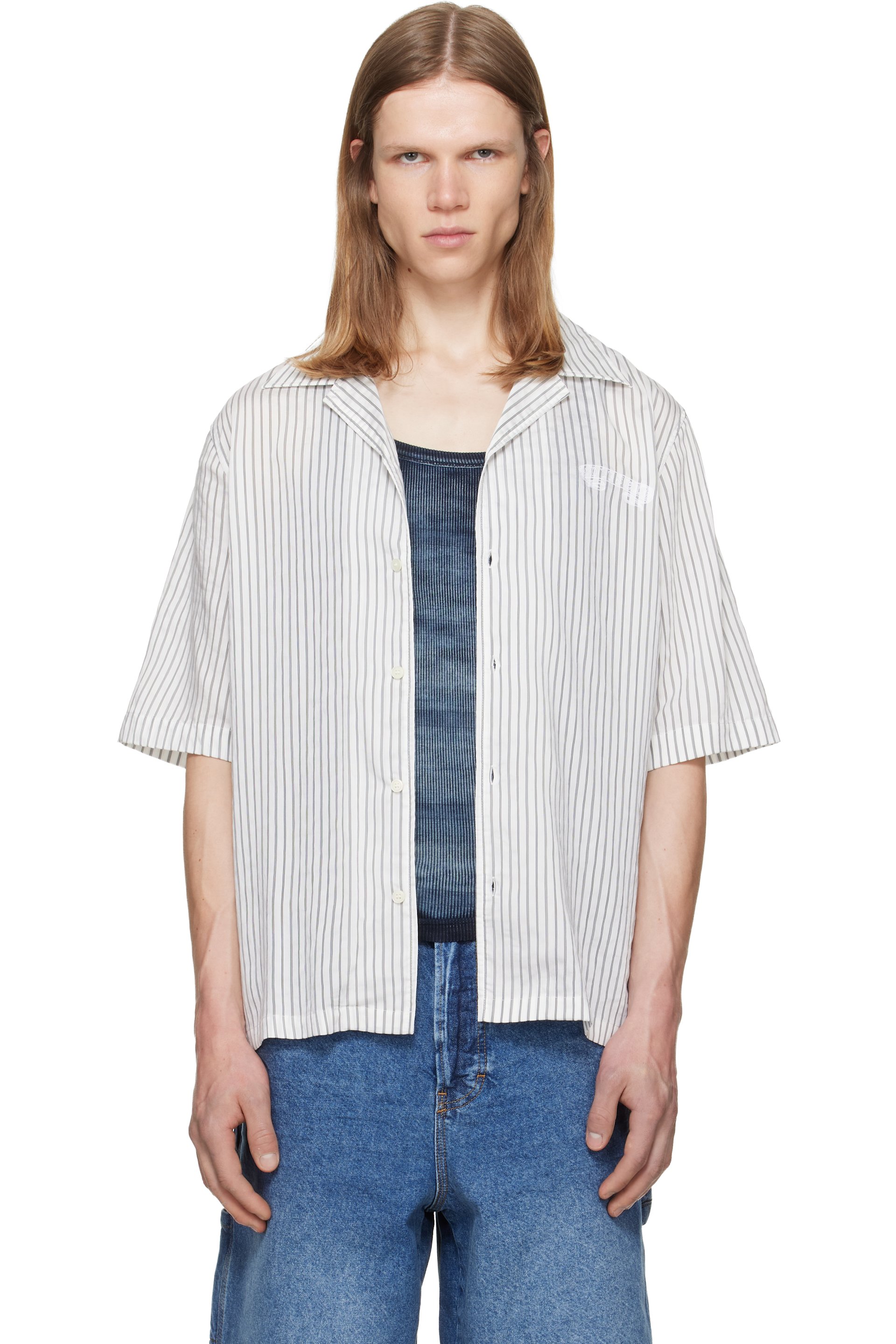 Diesel - White & Gray Half-Sleeve Pinstripe Modal Shirt