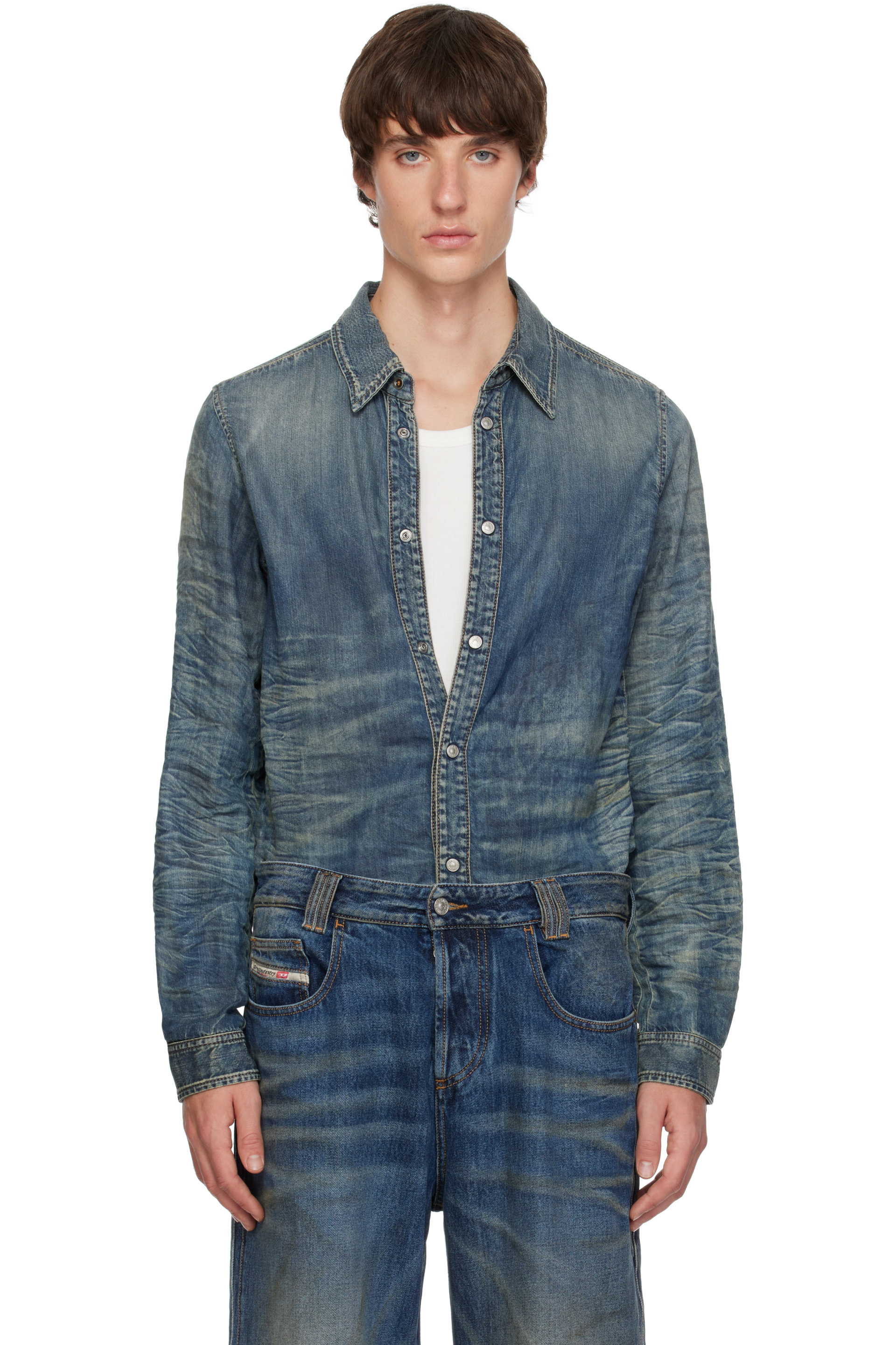 Diesel - Blue Dirty-Effect Creased Denim Shirt
