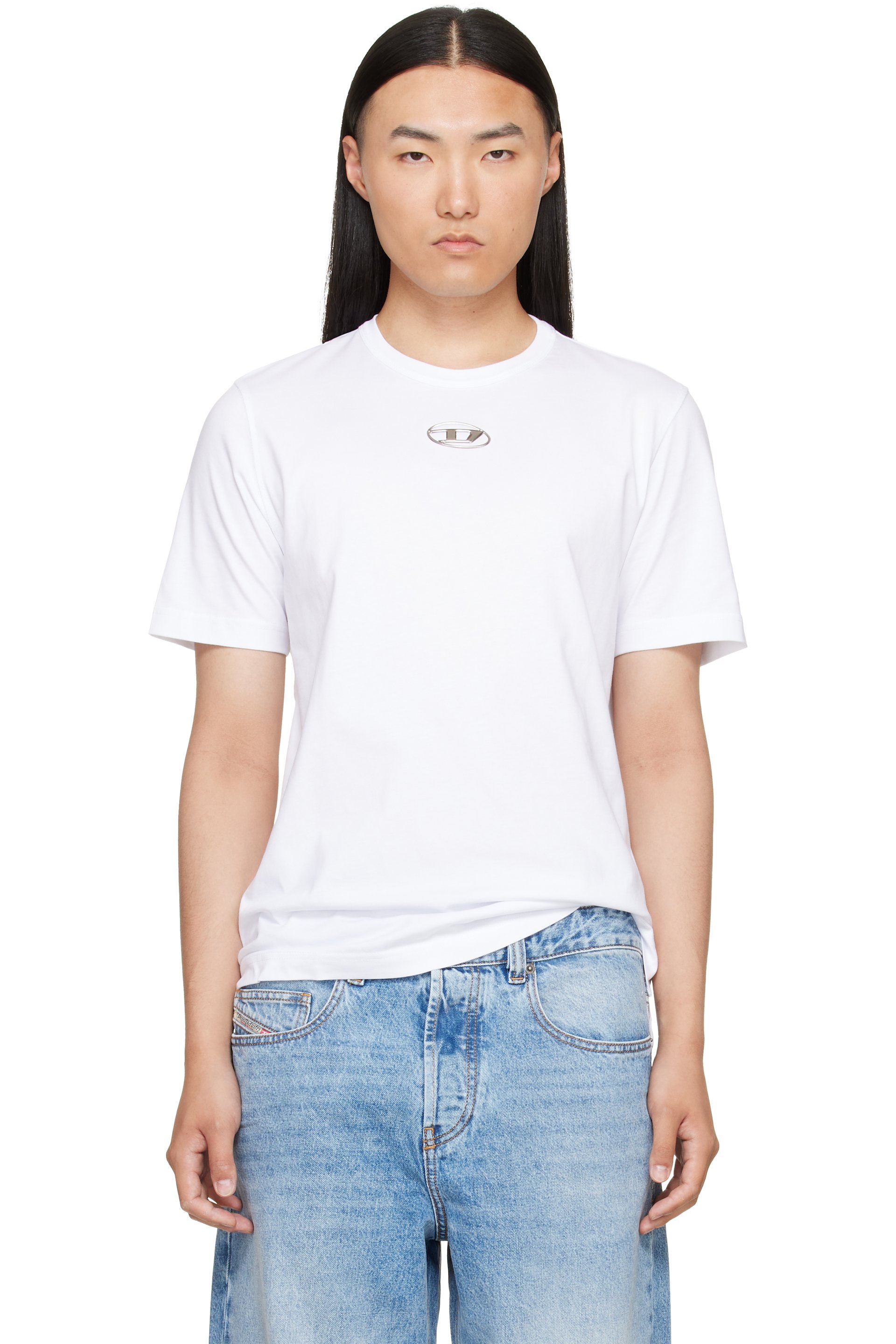 Diesel - T-shirt blanc à logo ovale métallique