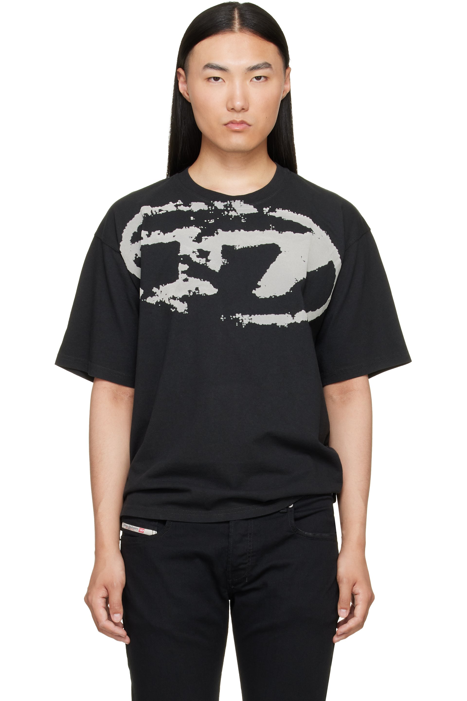 Diesel - Black Distressed Flocked Logo T-shirt