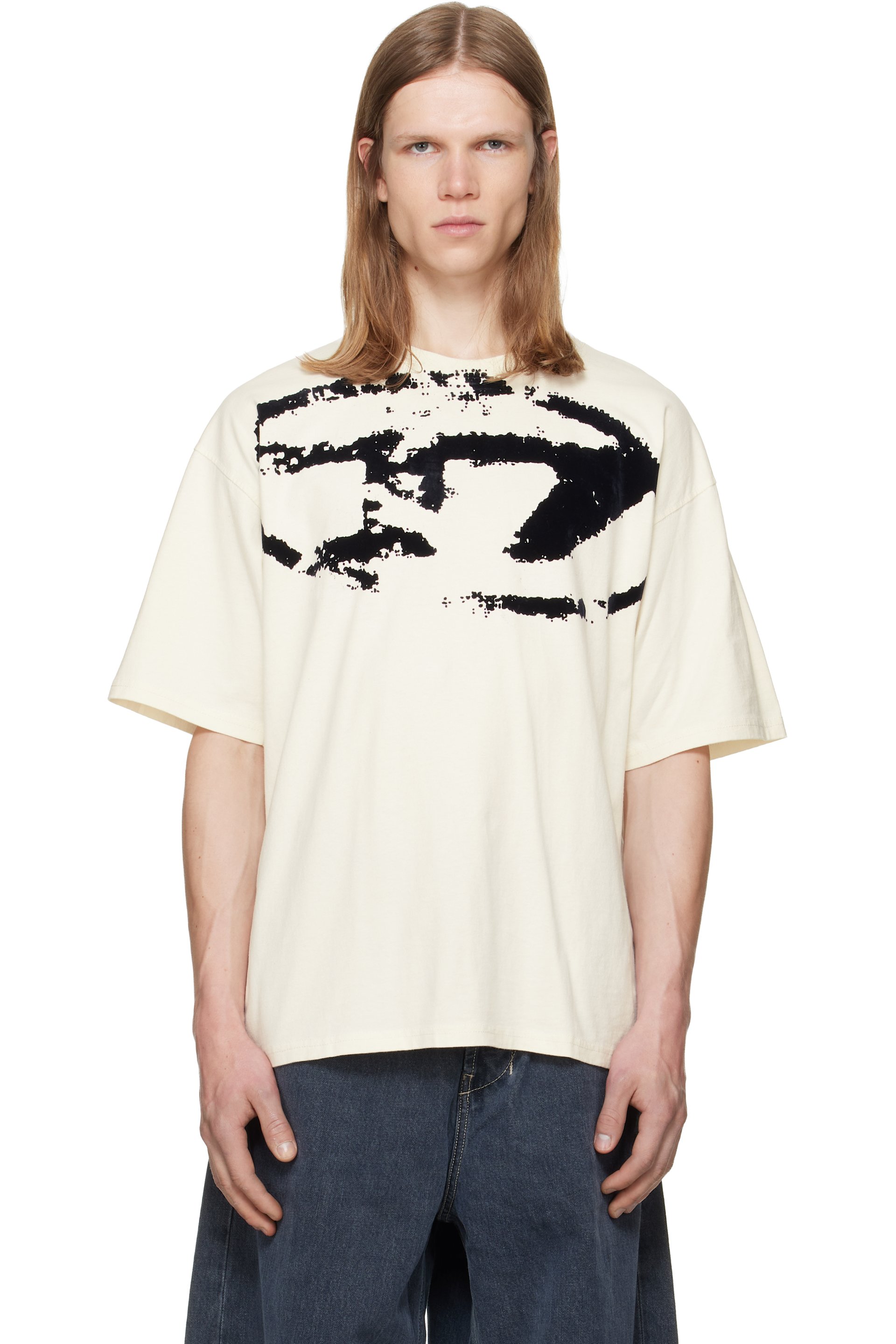 Diesel - Off-White Distressed Flocked Logo T-shirt